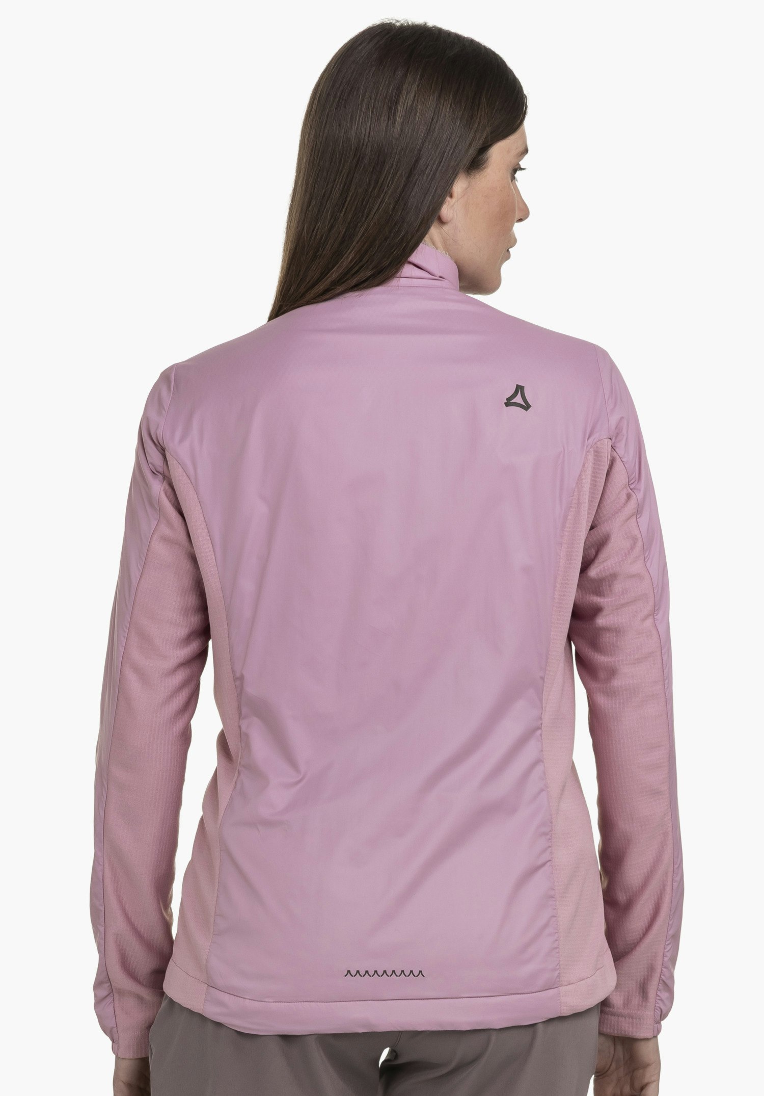 Ins Jacket Style Samaia WMN in Rosa in der Rückenansicht mit sichtbarem Schöffel-Logo auf der rechten Schulter vor neutralem Hintergrund.