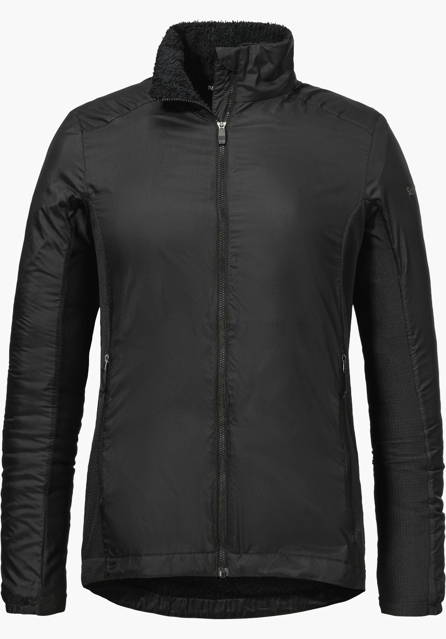 Ins Jacket Style Samaia WMN in black with a full-length front zip, a fluffy inner collar and a subtle Schöffel logo on the left sleeve, isolated against a white background.