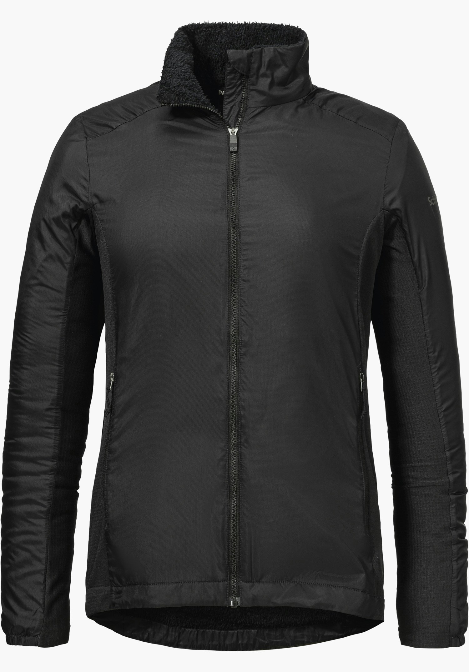 Ins Jacket Style Samaia WMN in Schwarz mit durchgehendem Frontreißverschluss, flauschigem Innenkragen und einem dezenten Schöffel-Logo auf dem linken Ärmel, freigestellt vor weißem Hintergrund.