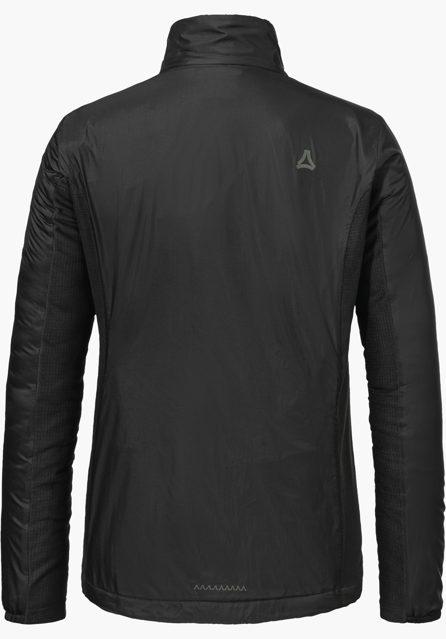 Ins Jacket Style Samaia WMN in Schwarz, Ansicht der Rückseite mit dem Schöffel-Logo auf dem rechten Schulterblatt, freigestellt vor weißem Hintergrund.