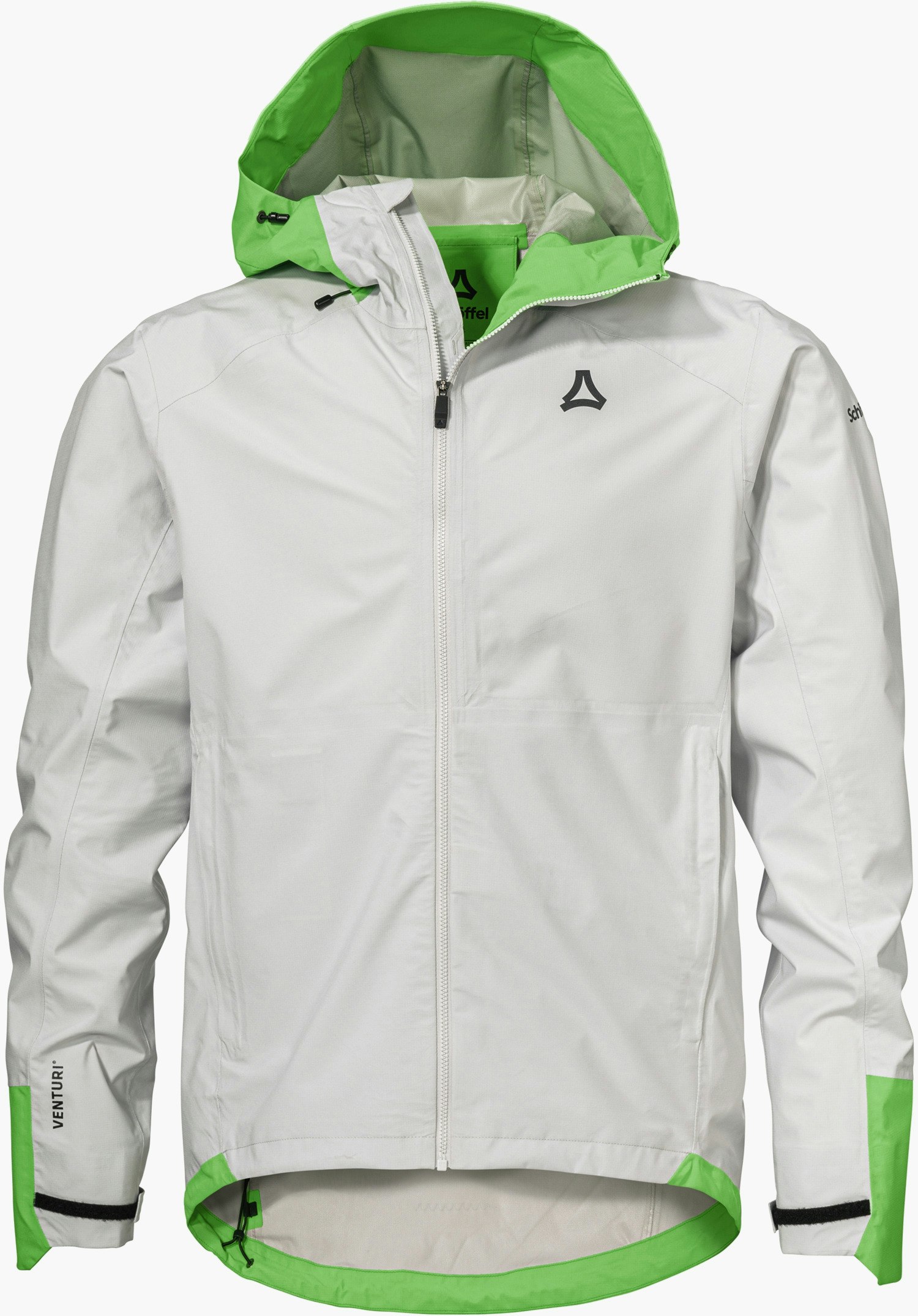 2.5L Jacket Style Tajiva MEN in Grau mit grüner Kapuze, grünen Details am Saum und Schöffel-Logo auf der linken Brust, freigestellt vor weißem Hintergrund.