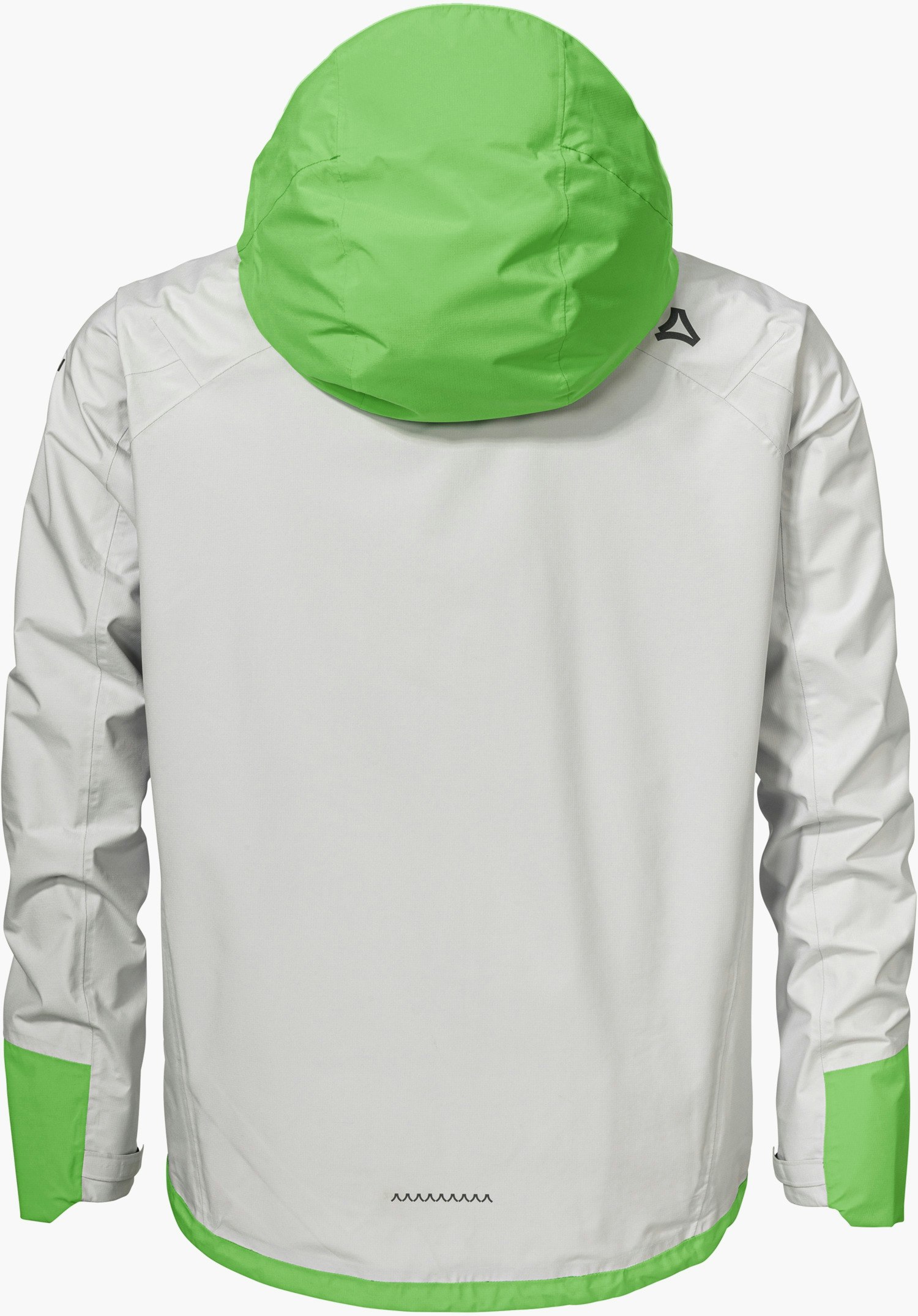2.5L Jacket Style Tajiva MEN in grey with a green hood, shown from the back with the Schöffel-Logo on the right shoulder, isolated against a white background.