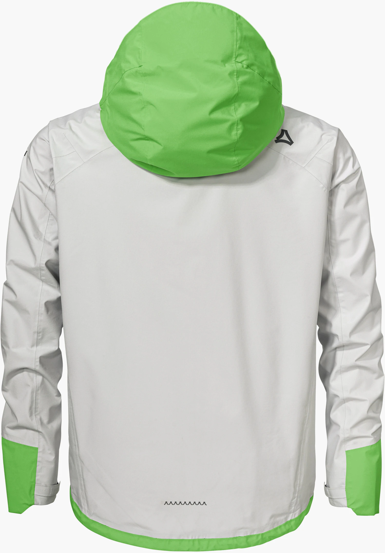 2.5L Jacket Style Tajiva MEN in grey with a green hood, shown from the back with the Schöffel-Logo on the right shoulder, isolated against a white background.