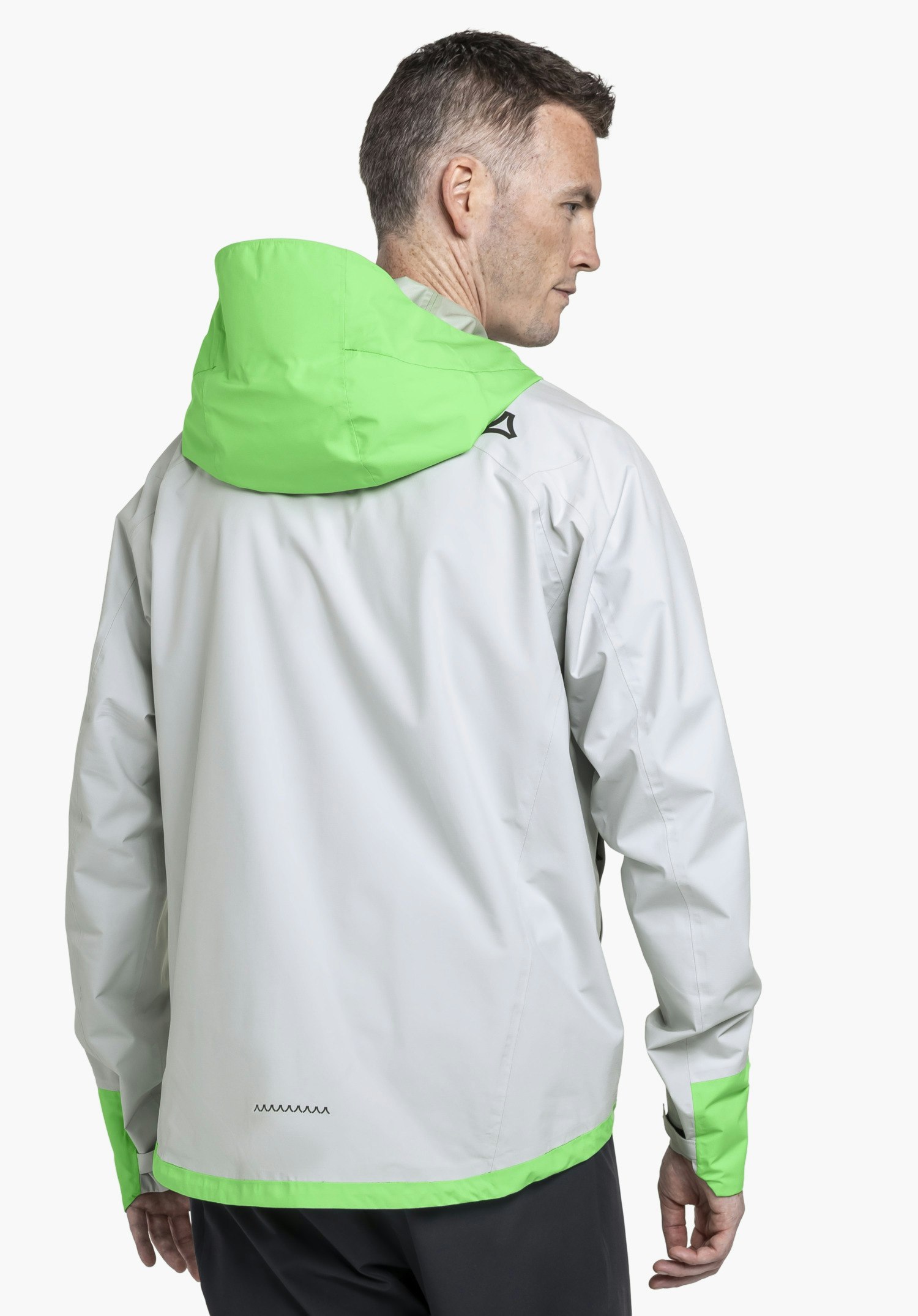 2.5L Jacket Style Tajiva MEN in a back view, showing the jacket in grey with green accents and a visible Schöffel logo against a neutral background.