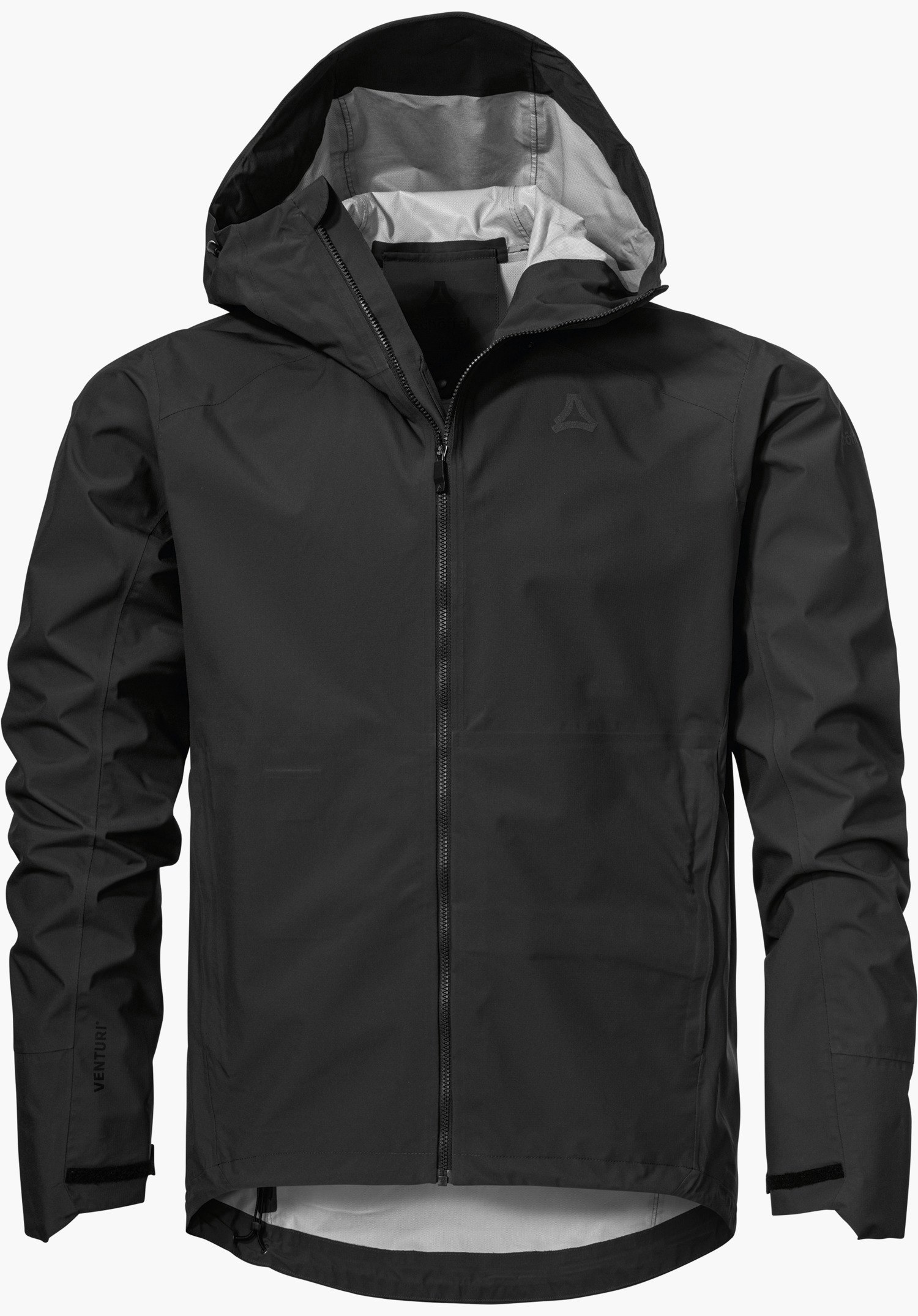 2.5L Jacket Style Tajiva MEN in Schwarz mit Kapuze, durchgehendem Frontreißverschluss und Schöffel-Logo auf der Brust, freigestellt vor weißem Hintergrund.