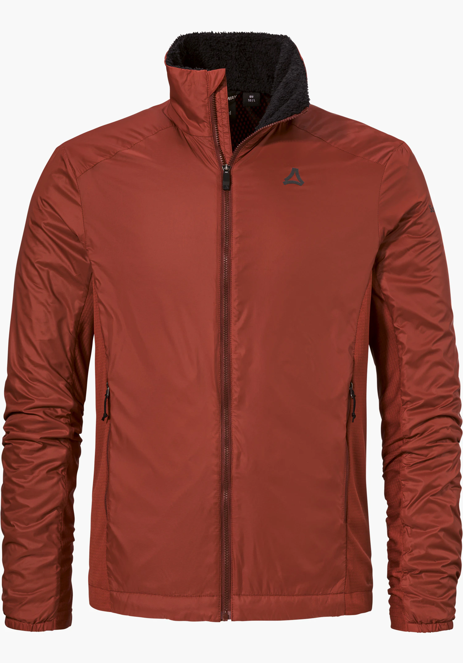 Ins Jacket Style Samaia MEN as a red insulated jacket with a full-length front zip and a dark Schöffel logo on the left chest, isolated against a white background.