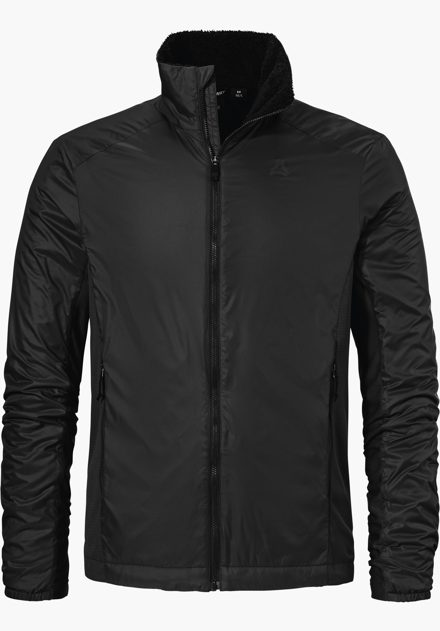 Ins Jacket Style Samaia MEN in black featuring a full-length zip, a stand-up collar and a subtle Schöffel logo on the left chest, isolated against a white background.