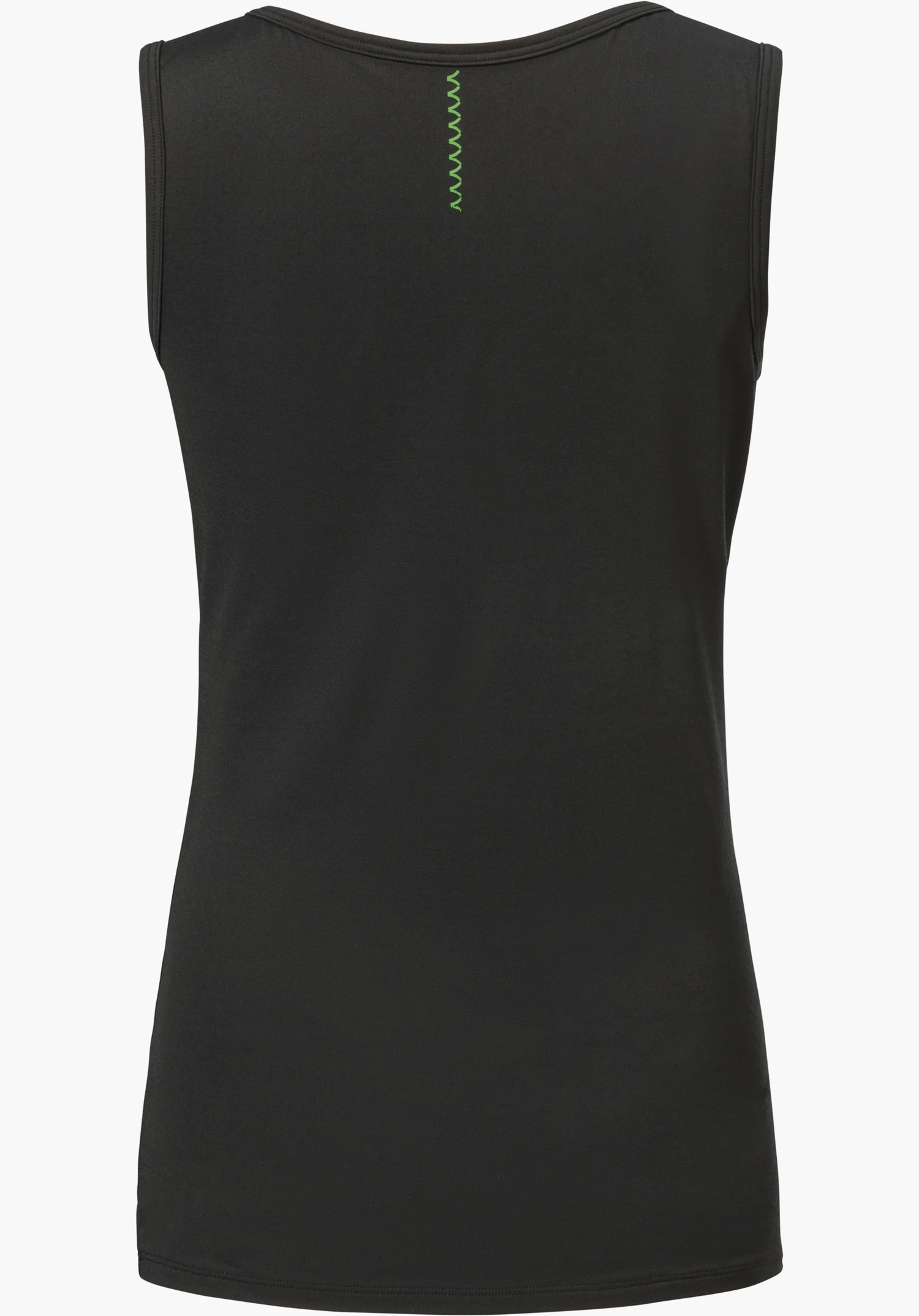 Top Style Konera WMN en noir, présenté de dos avec une couture en zigzag verte au niveau de la nuque, détouré sur fond blanc.