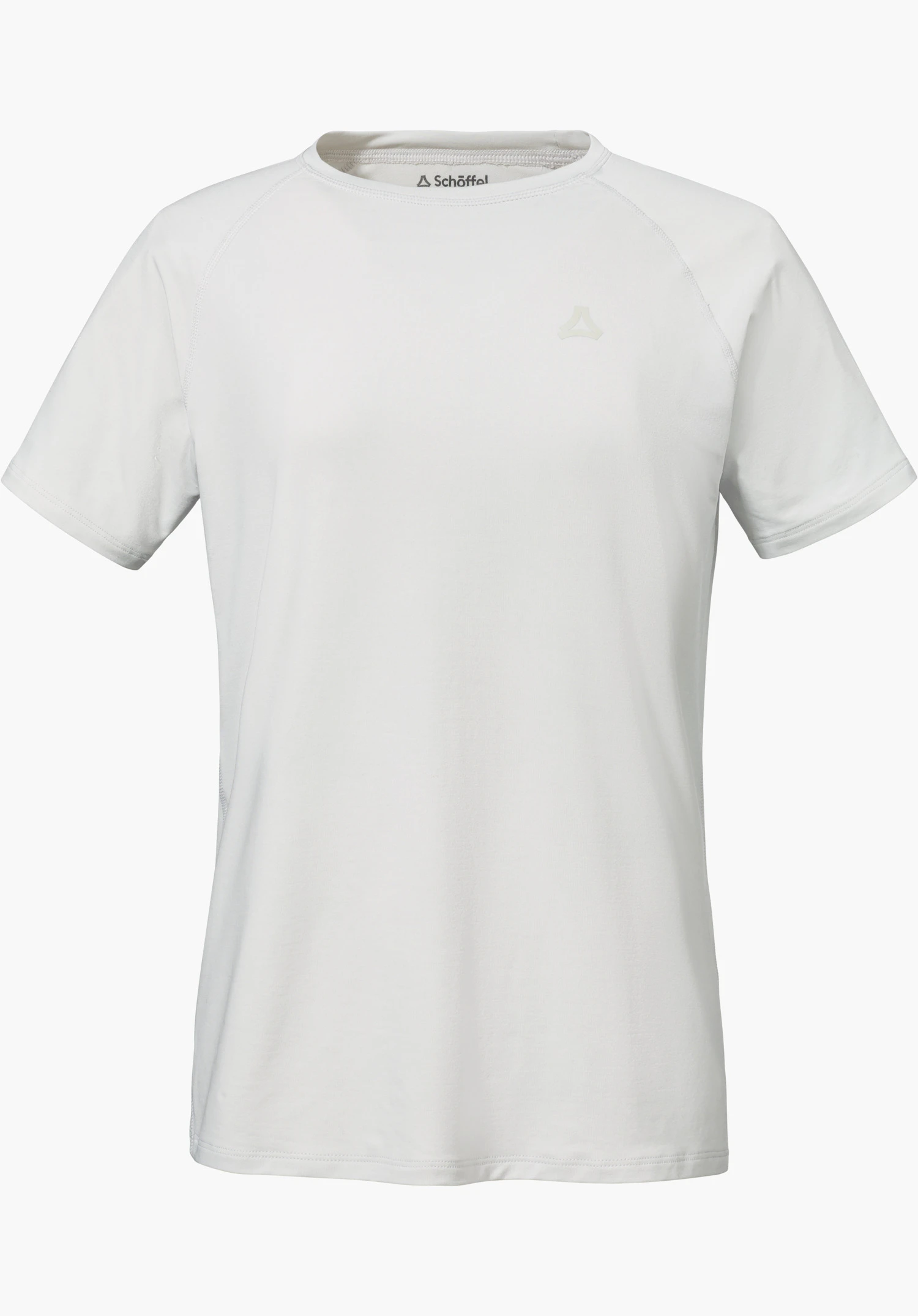 T Shirt Style Konera WMN in grijs met korte mouwen en een Schöffel-logo op de linkerborst, vrijstaand tegen een witte achtergrond.