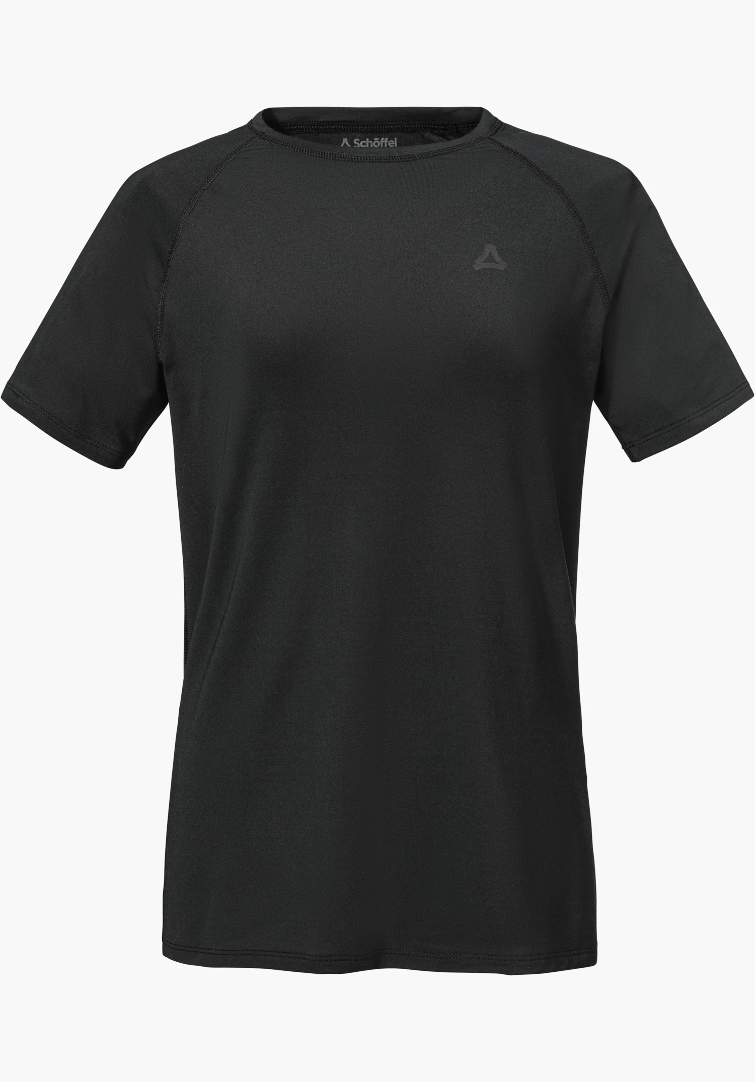 T Shirt Style Konera WMN in het zwart met korte mouwen en een subtiel Schöffel-logo op de linkerborst, vrijstaand op een witte achtergrond.