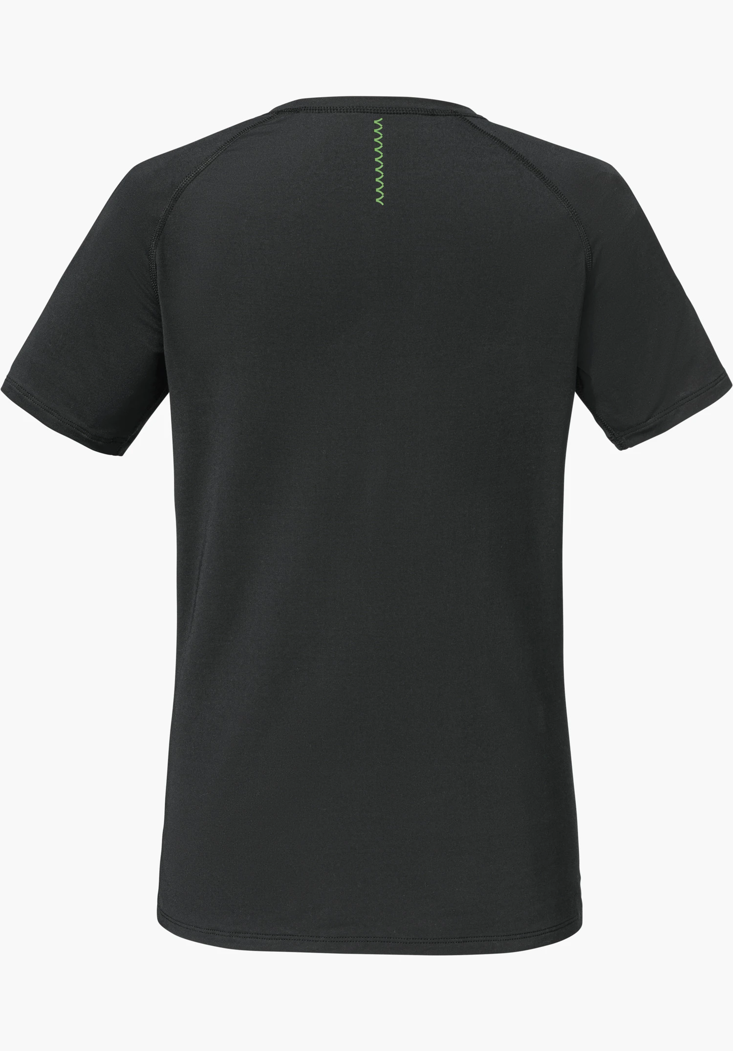 T Shirt Style Konera WMN en noir, vu de dos avec une couture en zigzag verte distinctive sur la nuque, détouré sur fond blanc.