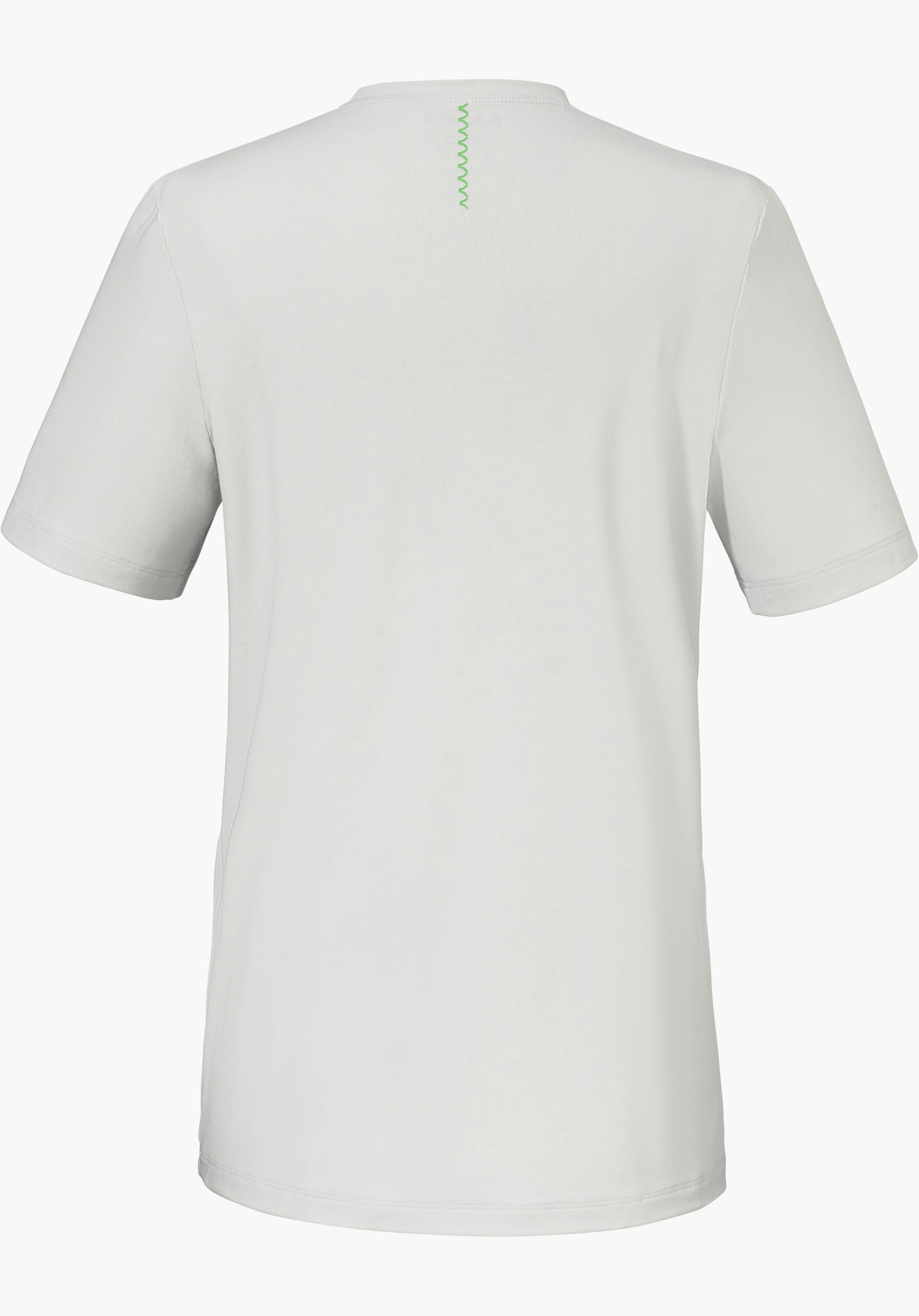 T Shirt Style Mafadi WMN en gris, vu de dos ici avec un détail en zigzag vert au niveau du col, détouré sur fond blanc.