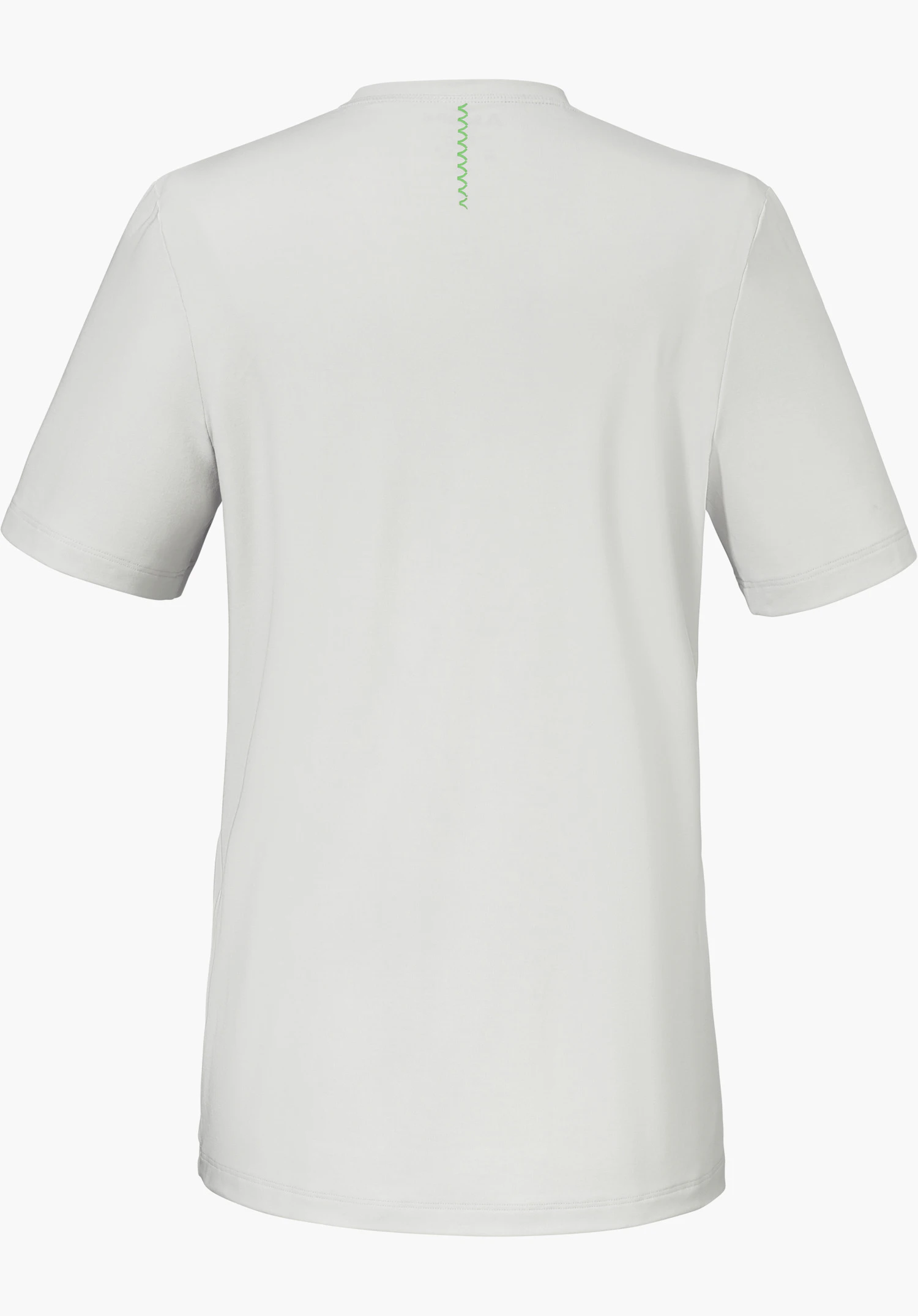 T Shirt Style Mafadi WMN en gris, vu de dos ici avec un détail en zigzag vert au niveau du col, détouré sur fond blanc.