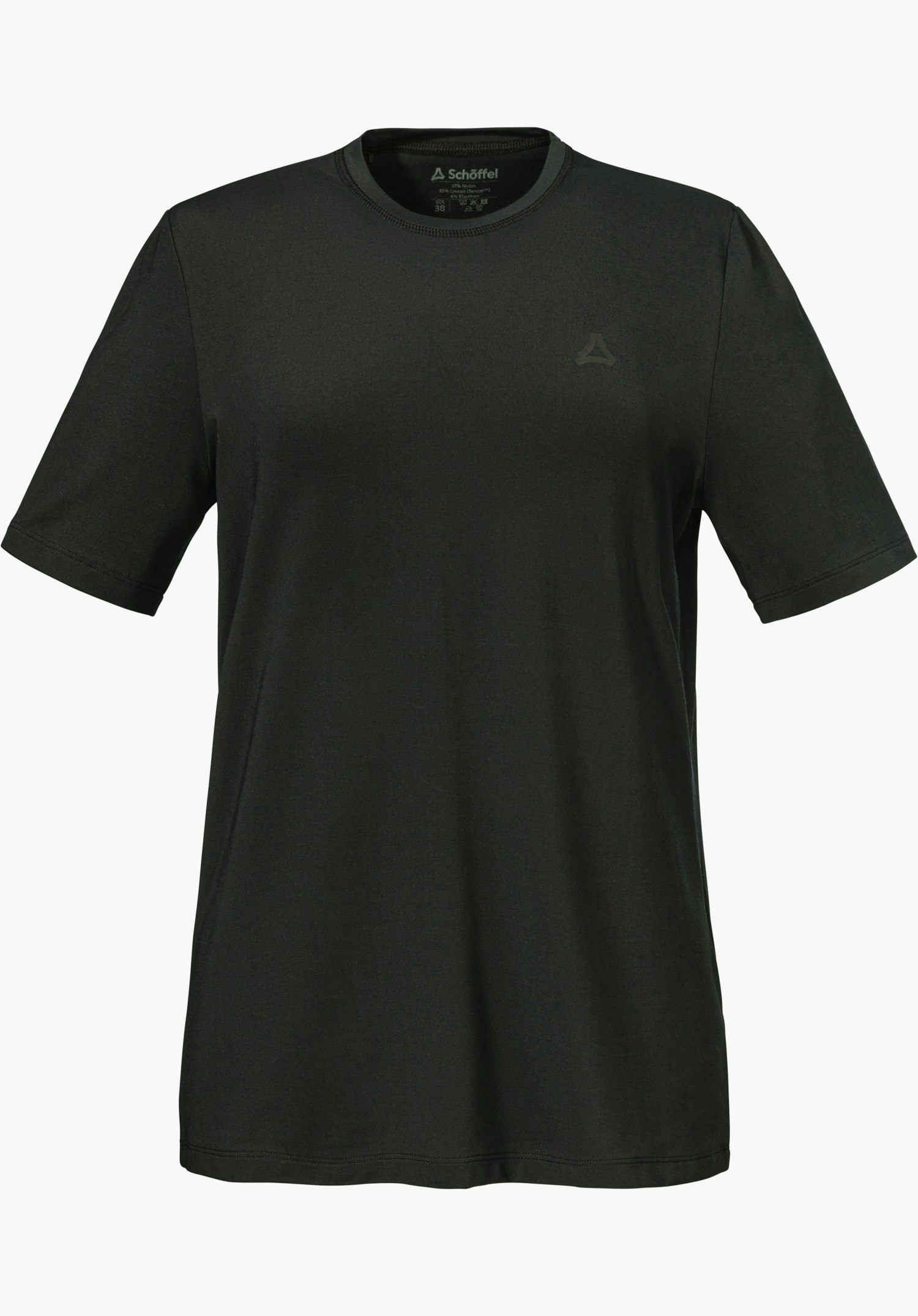 T Shirt Style Mafadi WMN en noir avec un logo Schöffel sur la poitrine gauche, détouré sur fond blanc.