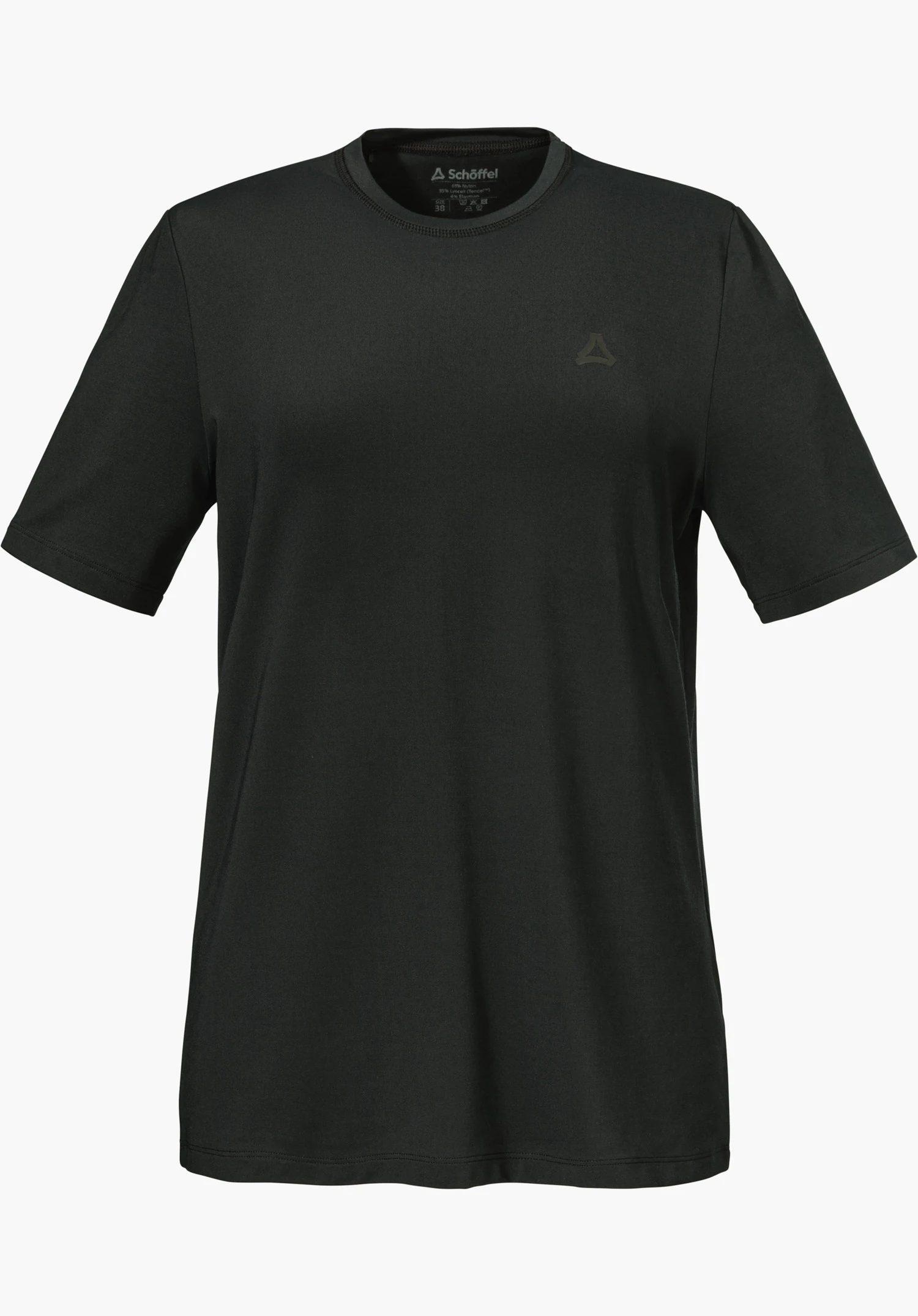 T Shirt Style Mafadi WMN en noir avec un logo Schöffel sur la poitrine gauche, détouré sur fond blanc.