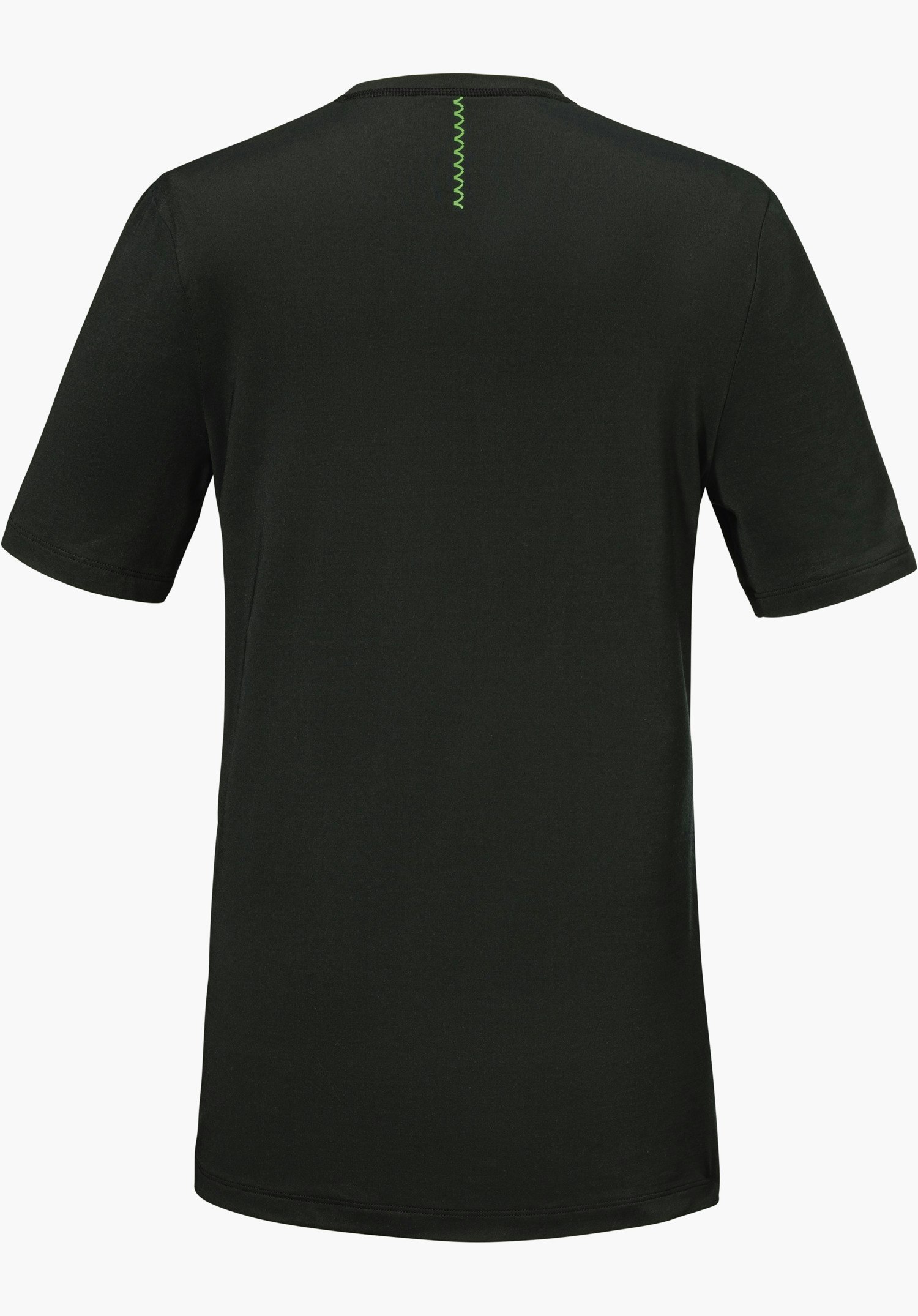 T Shirt Style Mafadi WMN en noir, présenté de dos avec un détail de couture en zigzag vert au niveau du col, détouré sur fond blanc.