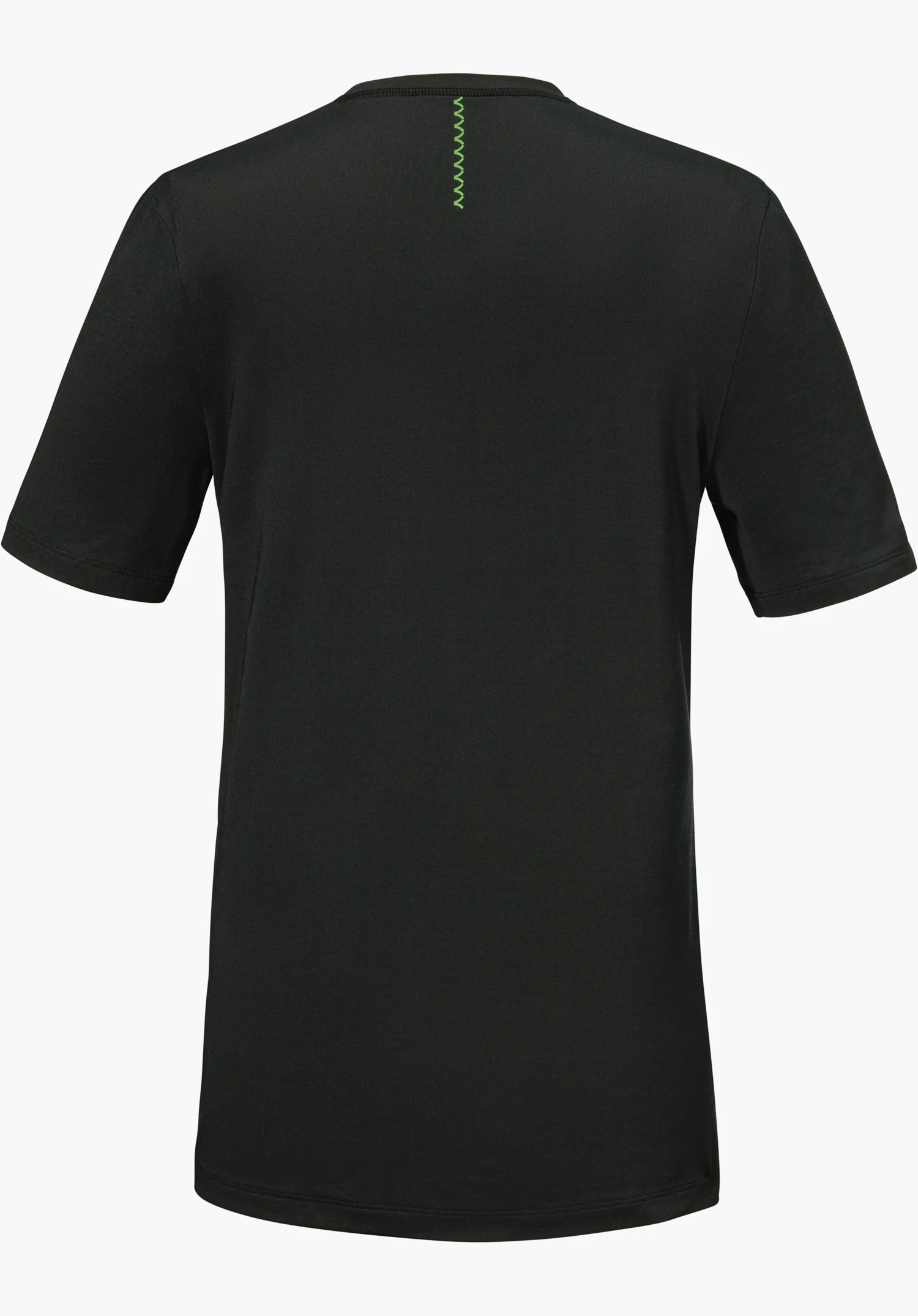 T Shirt Style Mafadi WMN en noir, présenté de dos avec un détail de couture en zigzag vert au niveau du col, détouré sur fond blanc.