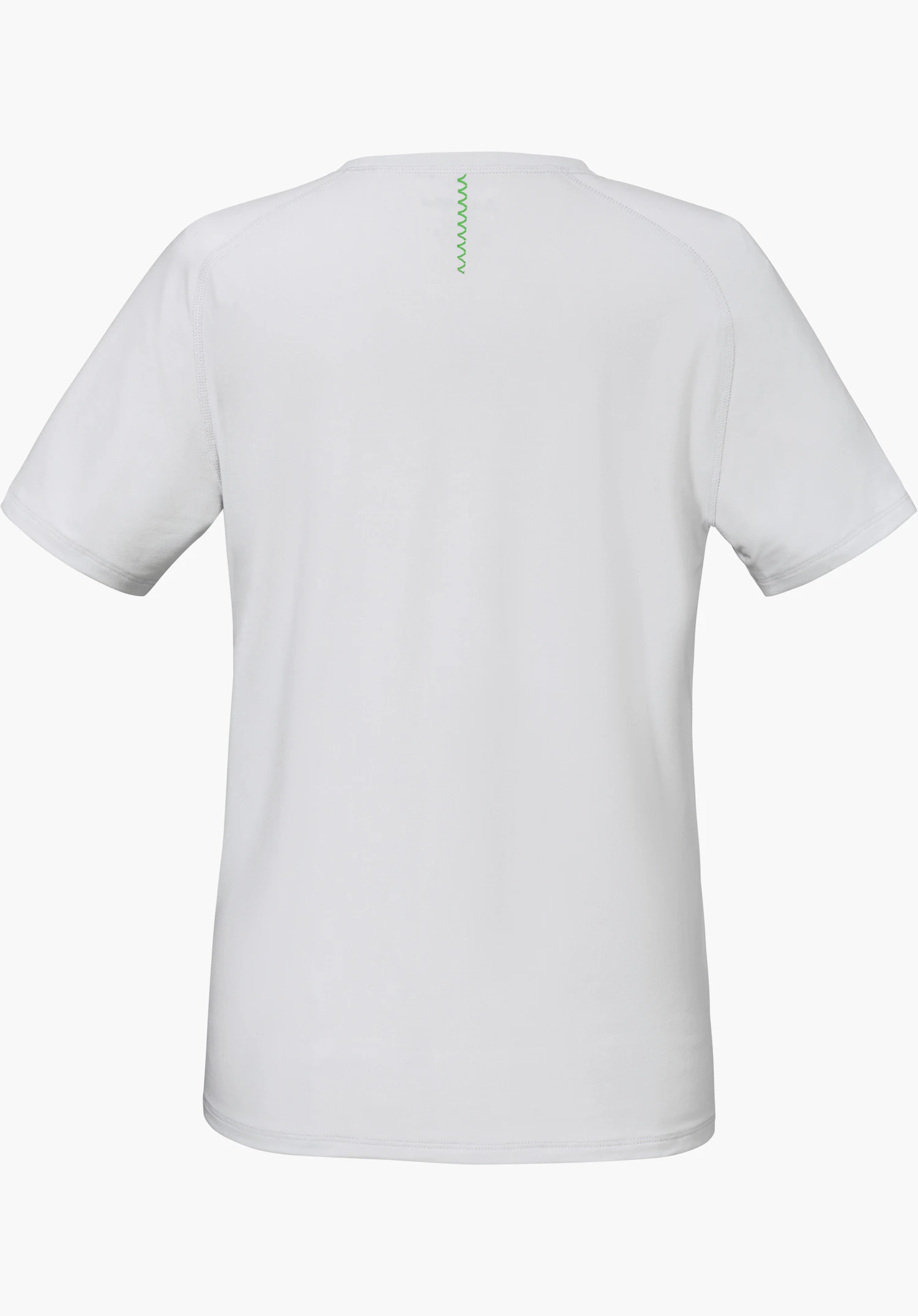 T Shirt Style Konera MEN in grey, here in the back view with a fine green stitching detail at the nape, isolated on a white background.