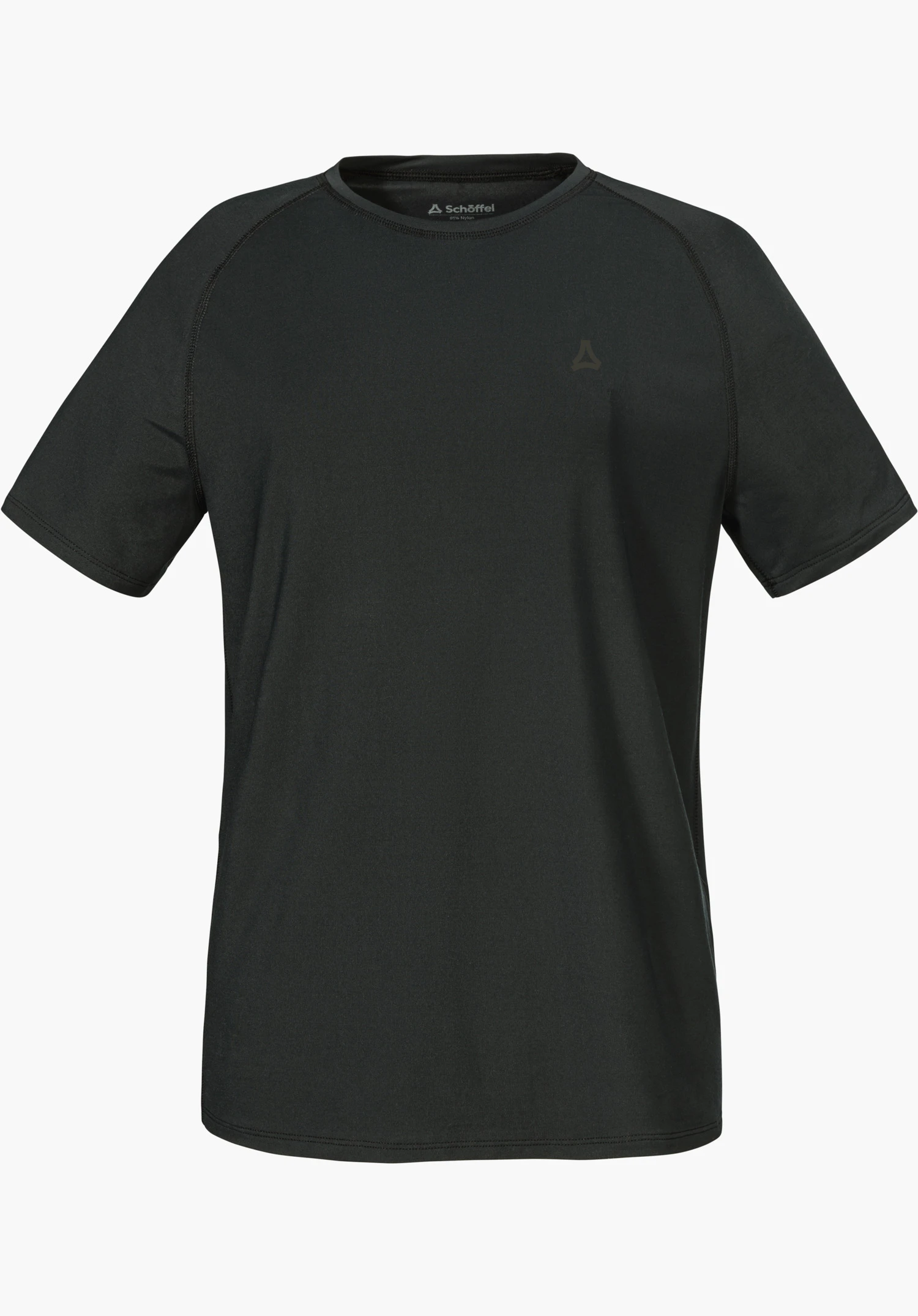 T Shirt Style Konera MEN in Schwarz mit Rundhalsausschnitt  und kurzen Ärmeln, Rundhalsausschnitt und dezentem Schöffel-Logo auf der linken Brust, freigestellt vor weißem Hintergrund.