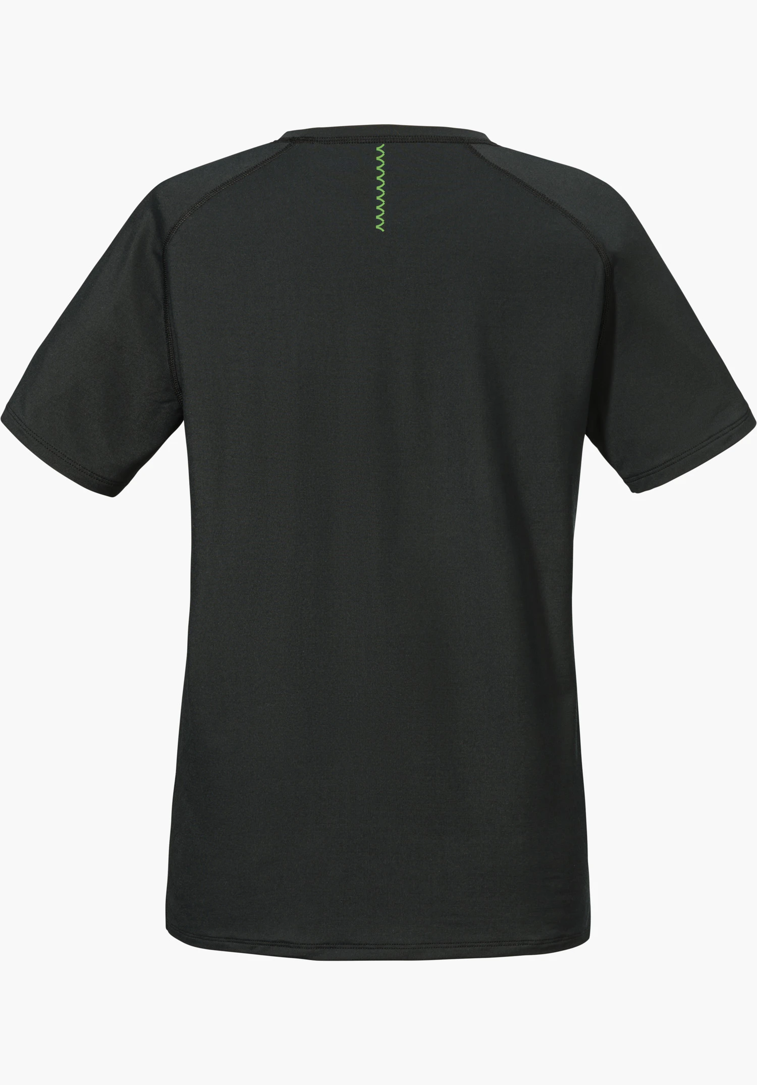 T Shirt Style Konera MEN in back view, the black shirt features a green zig-zag detail at the nape, isolated on a white background.
