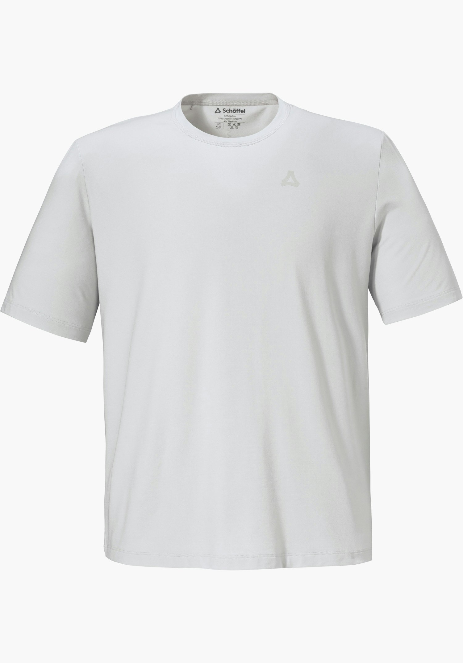 T Shirt Style Mafadi MEN in Grau mit Rundhalsausschnitt und einem dezenten Schöffel-Logo auf der Brust, freigestellt vor weißem Hintergrund.