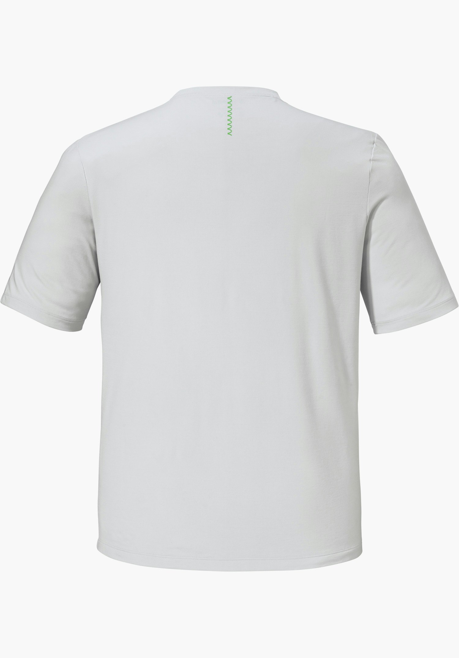 T Shirt Style Mafadi MEN in der Farbe Grau, Ansicht der Rückseite mit einem grünen Zickzack-Nahtdetail im Nackenbereich, freigestellt vor weißem Hintergrund.