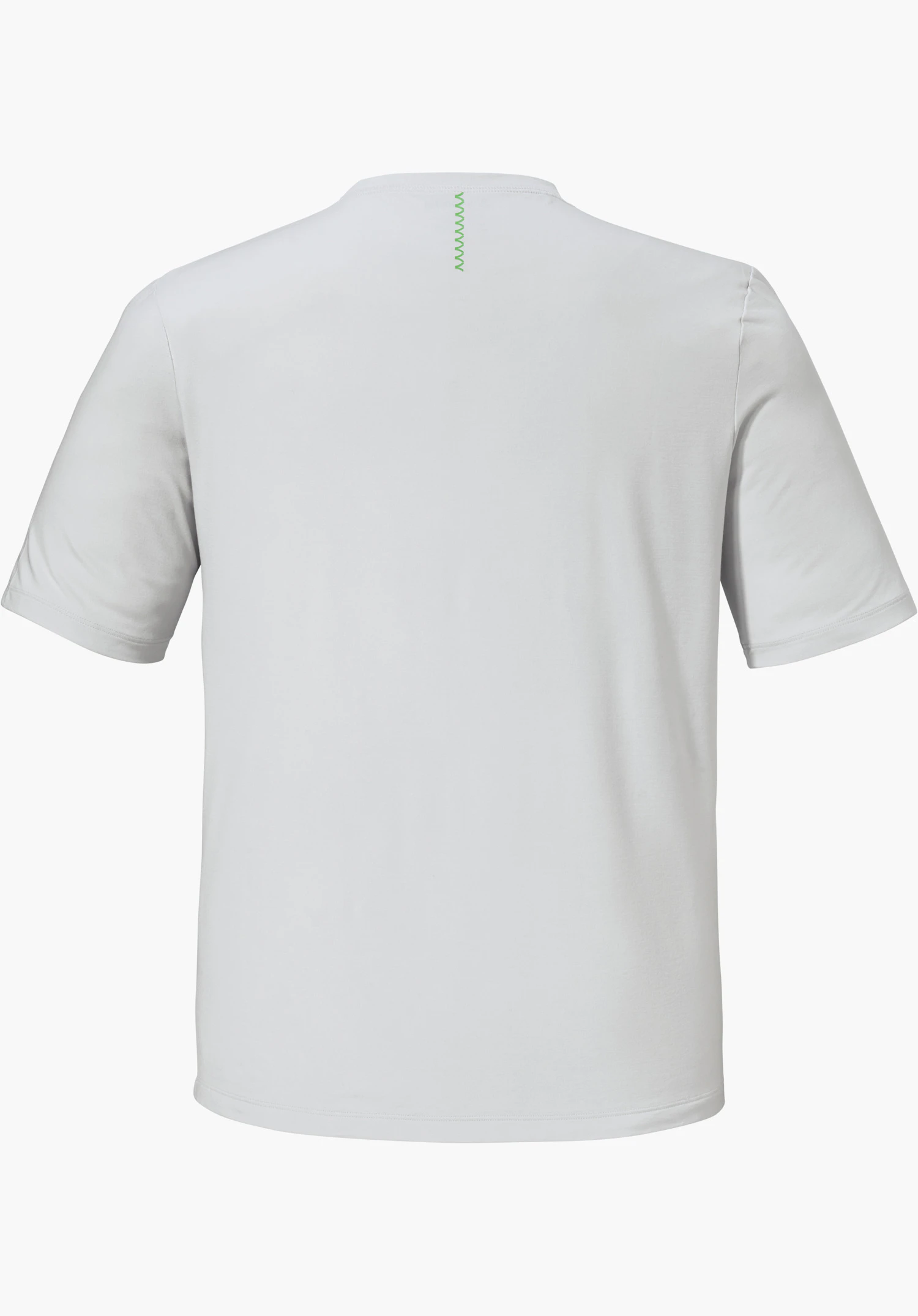 T Shirt Style Mafadi MEN in grey, back view showing a green zigzag stitching detail at the nape, isolated on a white background.