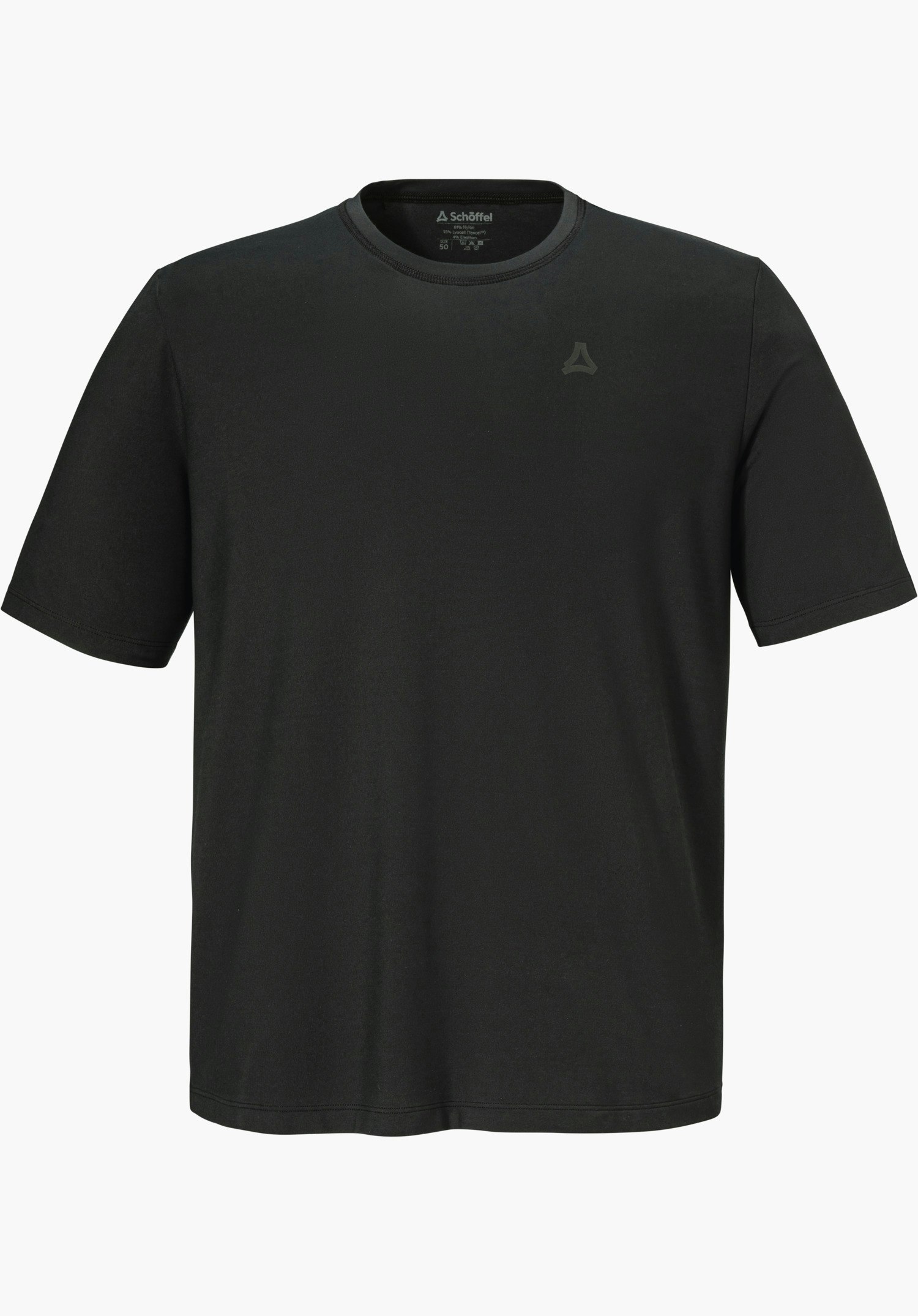 T Shirt Style Mafadi MEN in der Farbe Schwarz mit kurzen Ärmeln, Rundhalsausschnitt und dem Schöffel-Logo auf der linken Brust, freigestellt vor weißem Hintergrund.