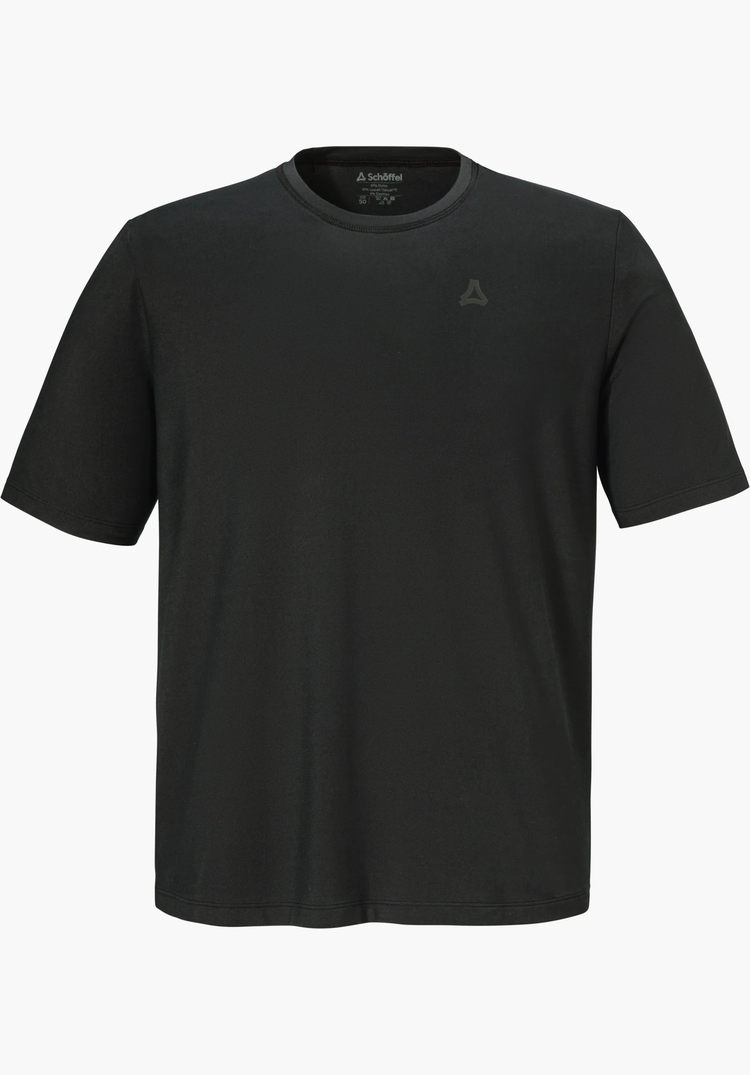 T Shirt Style Mafadi MEN in der Farbe Schwarz mit kurzen Ärmeln, Rundhalsausschnitt und dem Schöffel-Logo auf der linken Brust, freigestellt vor weißem Hintergrund.