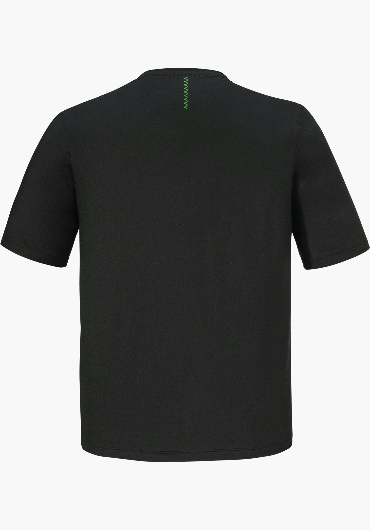 T Shirt Style Mafadi MEN in Schwarz, gezeigt in der Rückansicht mit kurzen Ärmeln und grünem Zickzack-Stich im Nackenbereich, freigestellt vor weißem Hintergrund.