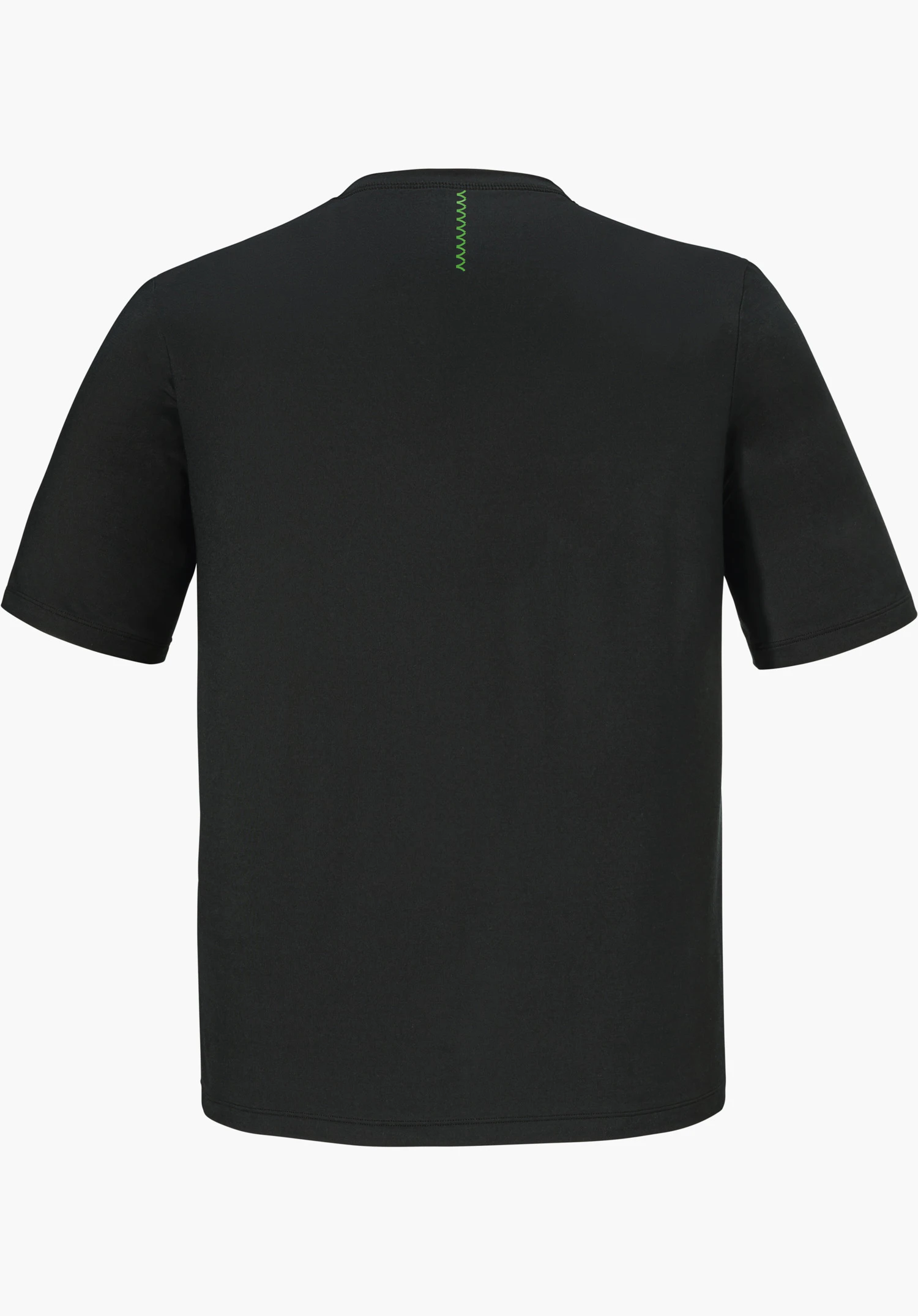 T Shirt Style Mafadi MEN in black, shown from the back with short sleeves and a green zigzag stitch at the nape, isolated on a white background.