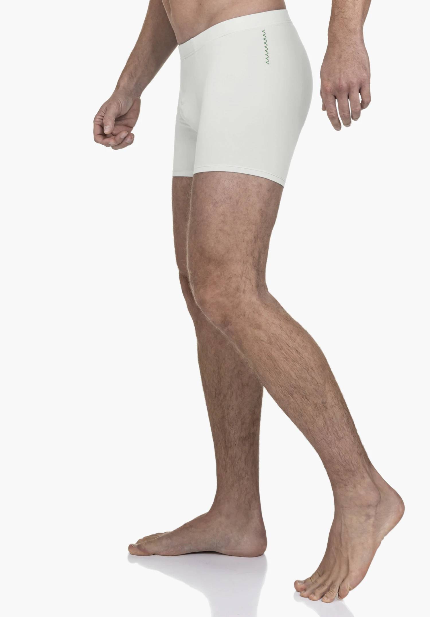 Boxershorts Style Konera MEN in grey: The model is seen from the side against a neutral background, showcasing the fit while walking. The subtle Schöffel logo is visible as a fine vertical embroidery on the left leg.
