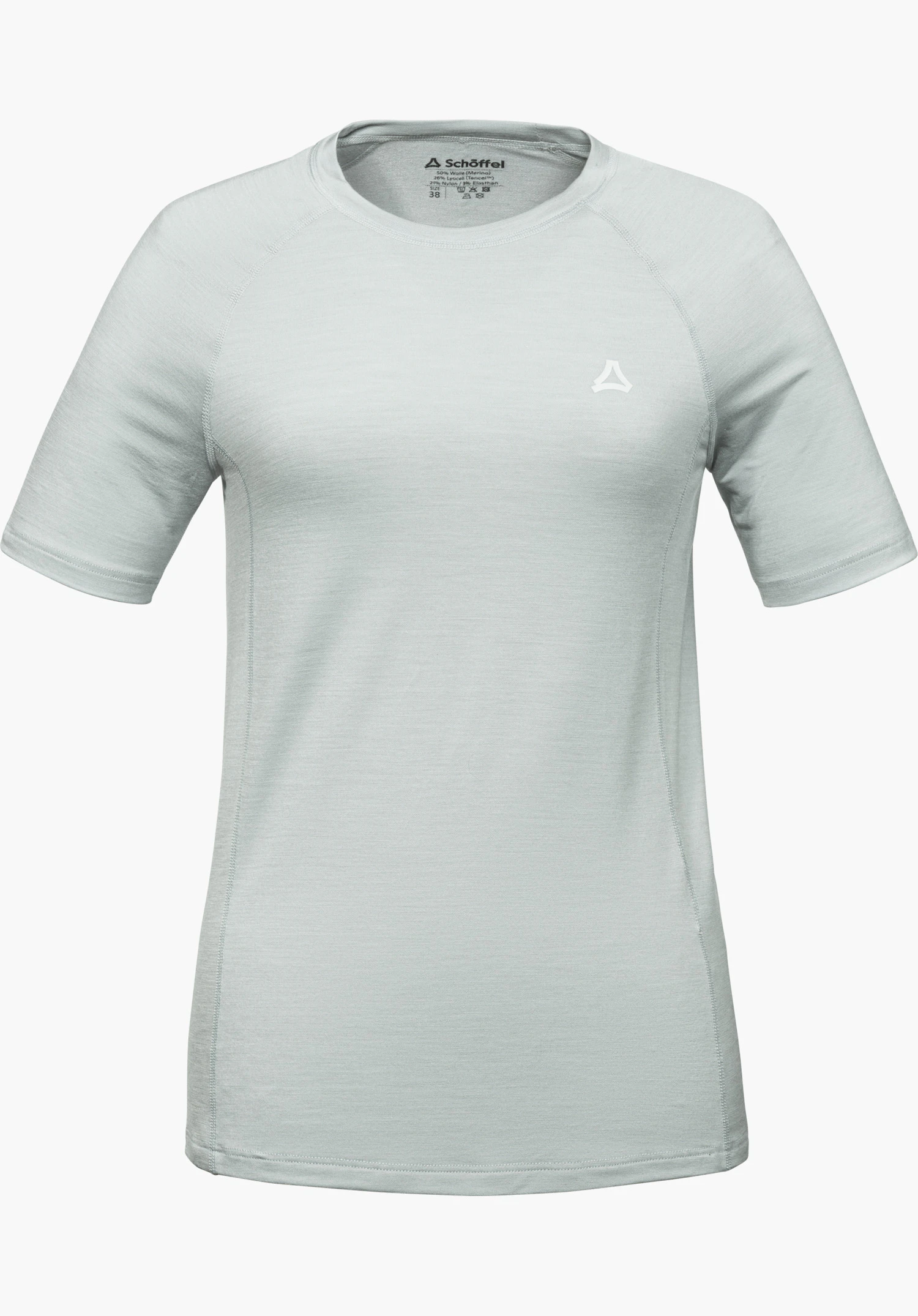 T Shirt Style Luterra WMN in grijs met ronde hals, korte mouwen en wit Schöffel-logo op de borst, vooraanzicht, vrijstaand tegen een witte achtergrond.
