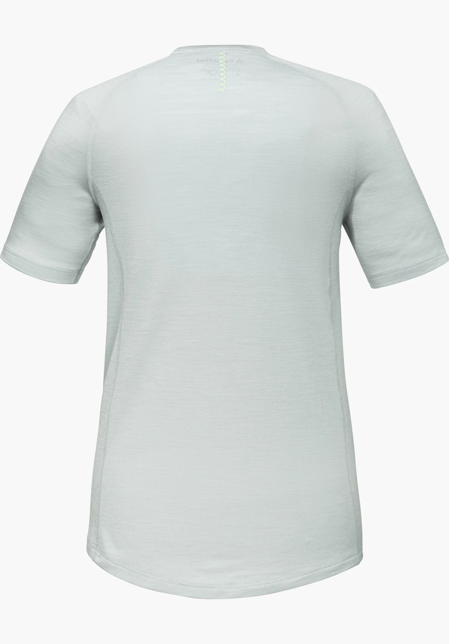 T Shirt Style Luterra WMN gris vu de dos avec fine inscription Schöffel au col, détouré sur fond blanc.