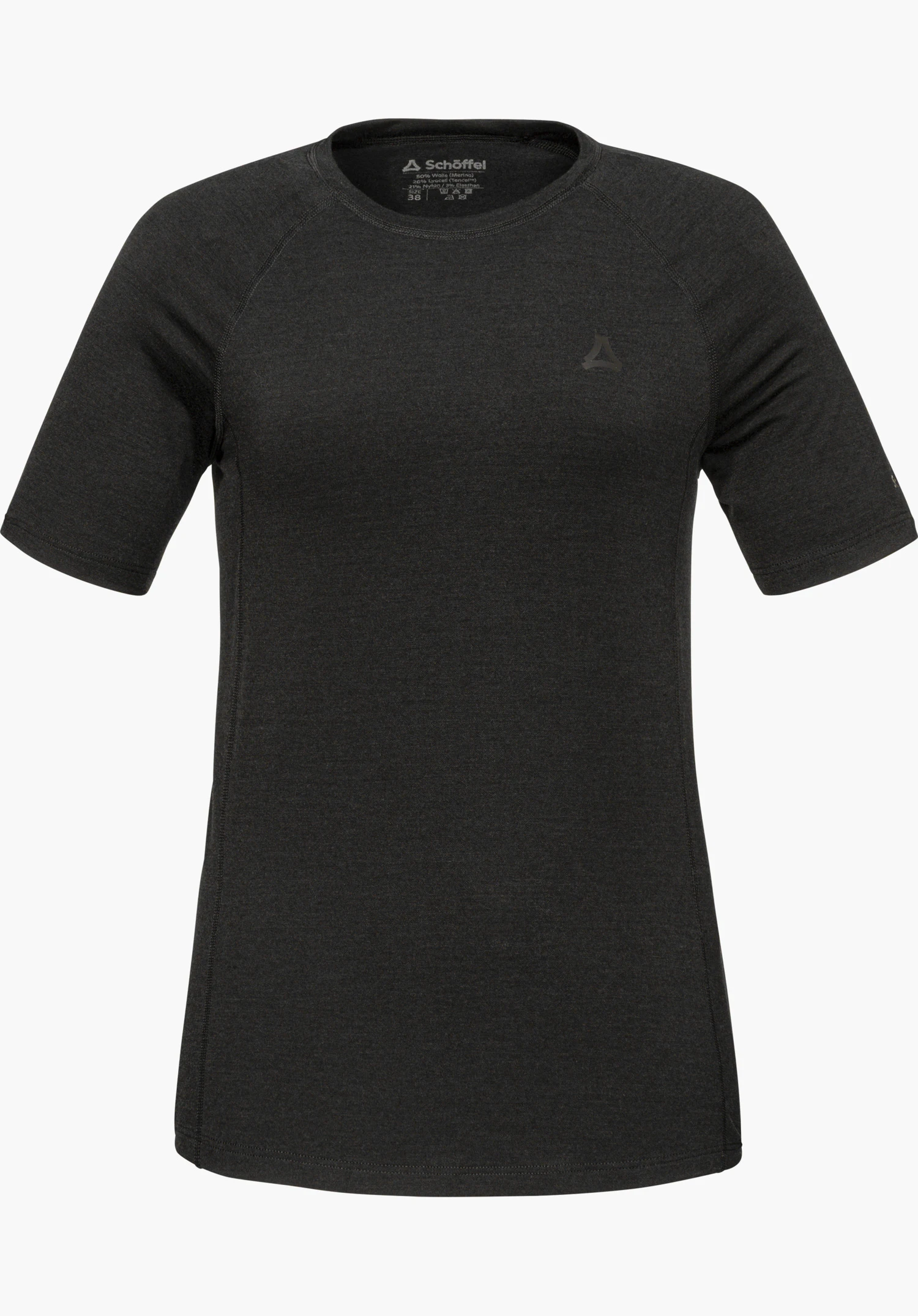 T Shirt Style Luterra WMN in zwart met ronde hals, korte mouwen en subtiel Schöffel-logo op de borst, vooraanzicht, vrijstaand tegen een witte achtergrond.