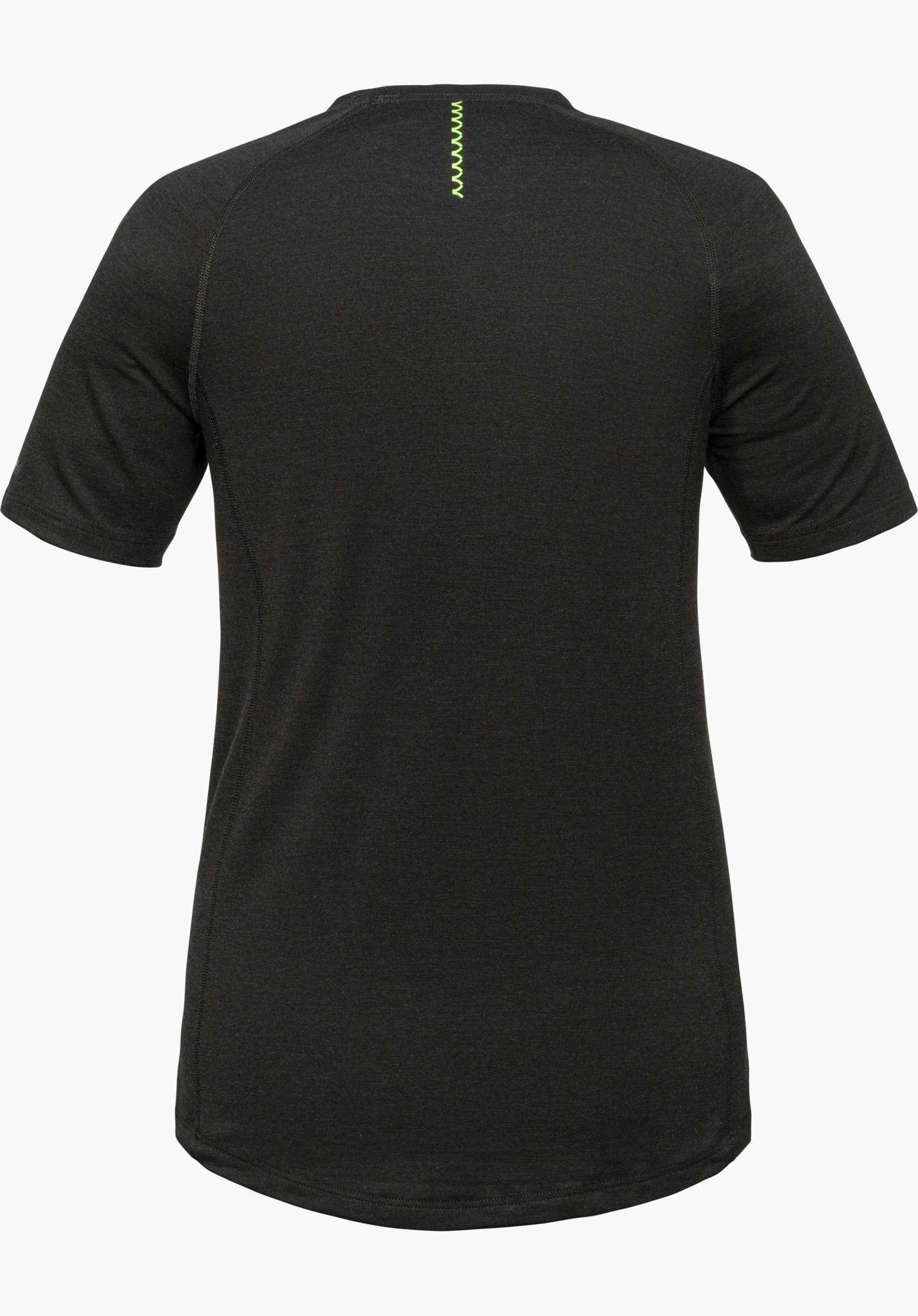 T Shirt Style Luterra WMN noir vu de dos avec surpiqûre décorative verte au col, détouré sur fond blanc.