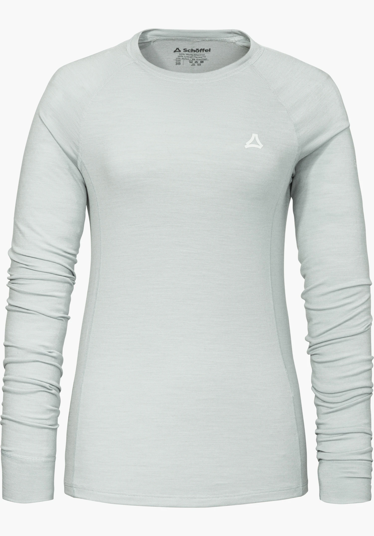 Longsleeve Style Luterra WMN in grijs, vooraanzicht met Schöffel-logo op de borst, vrijstaand tegen een witte achtergrond.