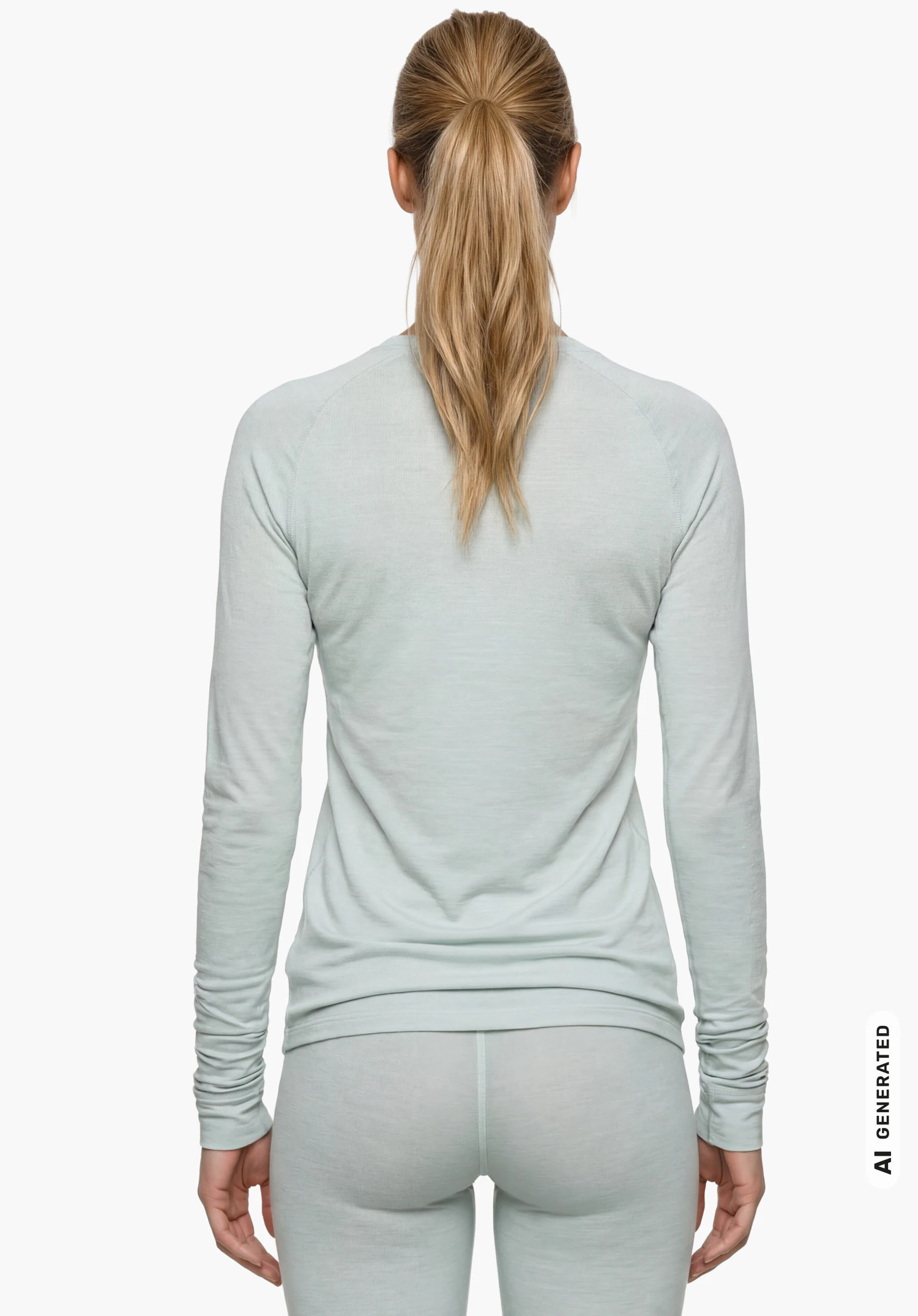Longsleeve Style Luterra WMN en gris, porté par un modèle féminin debout et vu de dos sur fond blanc. (Généré par IA)