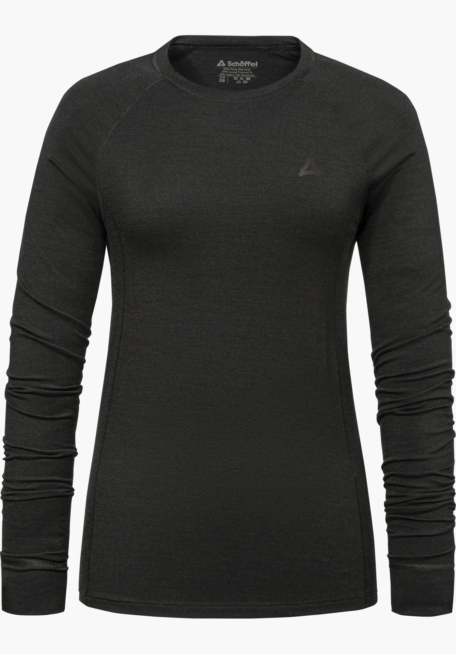 Longsleeve Style Luterra WMN in zwart, vooraanzicht met Schöffel-logo, vrijstaand tegen een witte achtergrond.