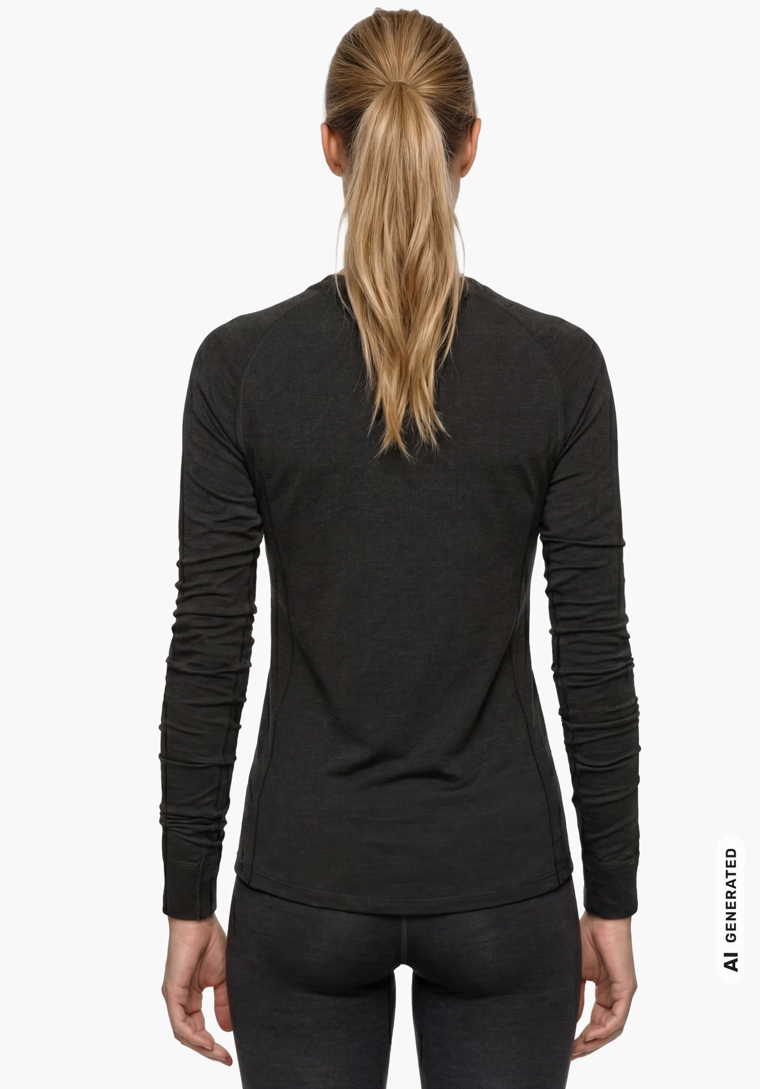 Longsleeve Style Luterra WMN en noir, porté par un modèle féminin debout et vu de dos avec les bras le long du corps sur fond blanc. (Généré par IA)