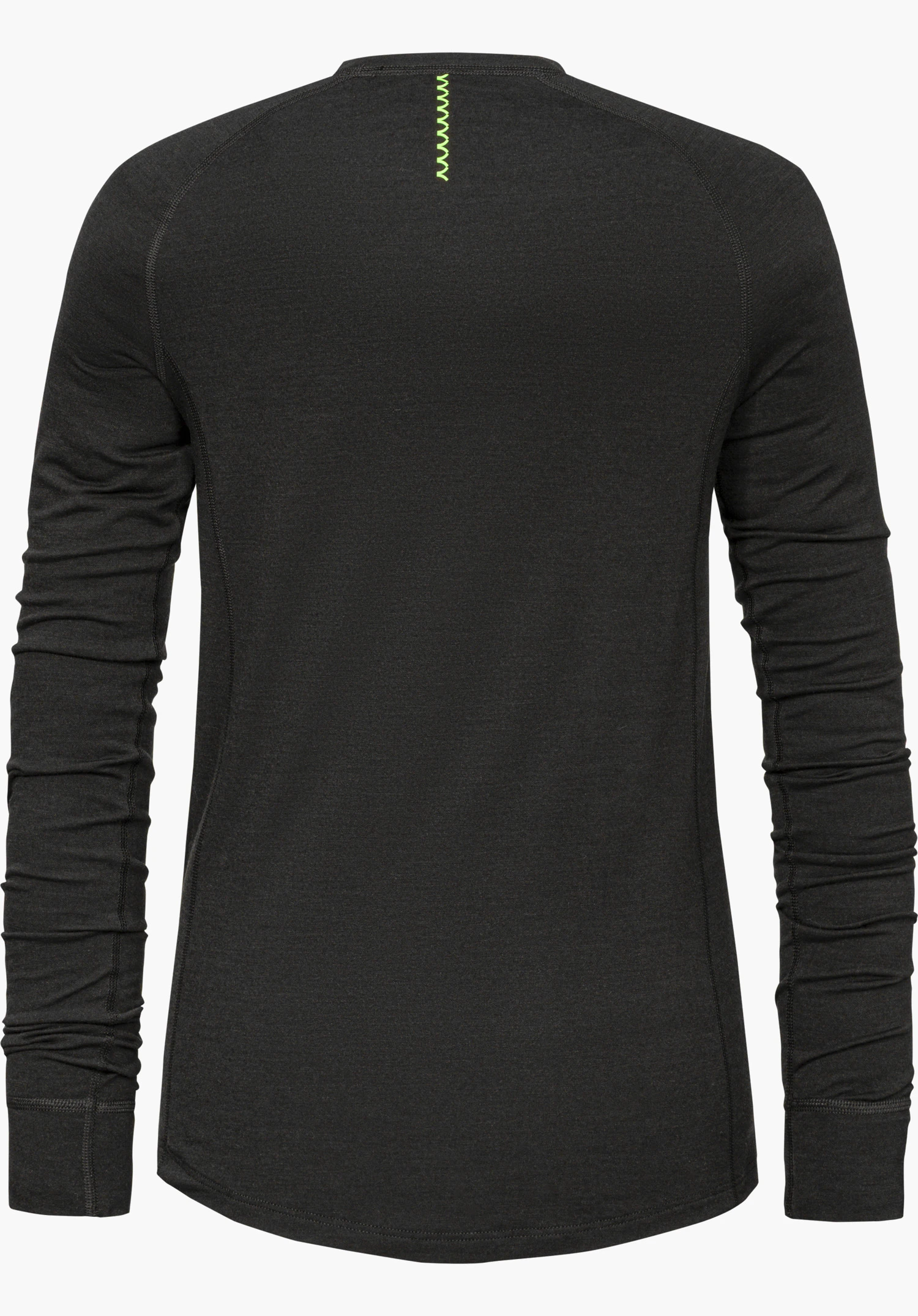 Longsleeve Style Luterra WMN noir vu de dos avec manches longues et détail vert néon dans le haut du dos, détouré sur fond blanc.