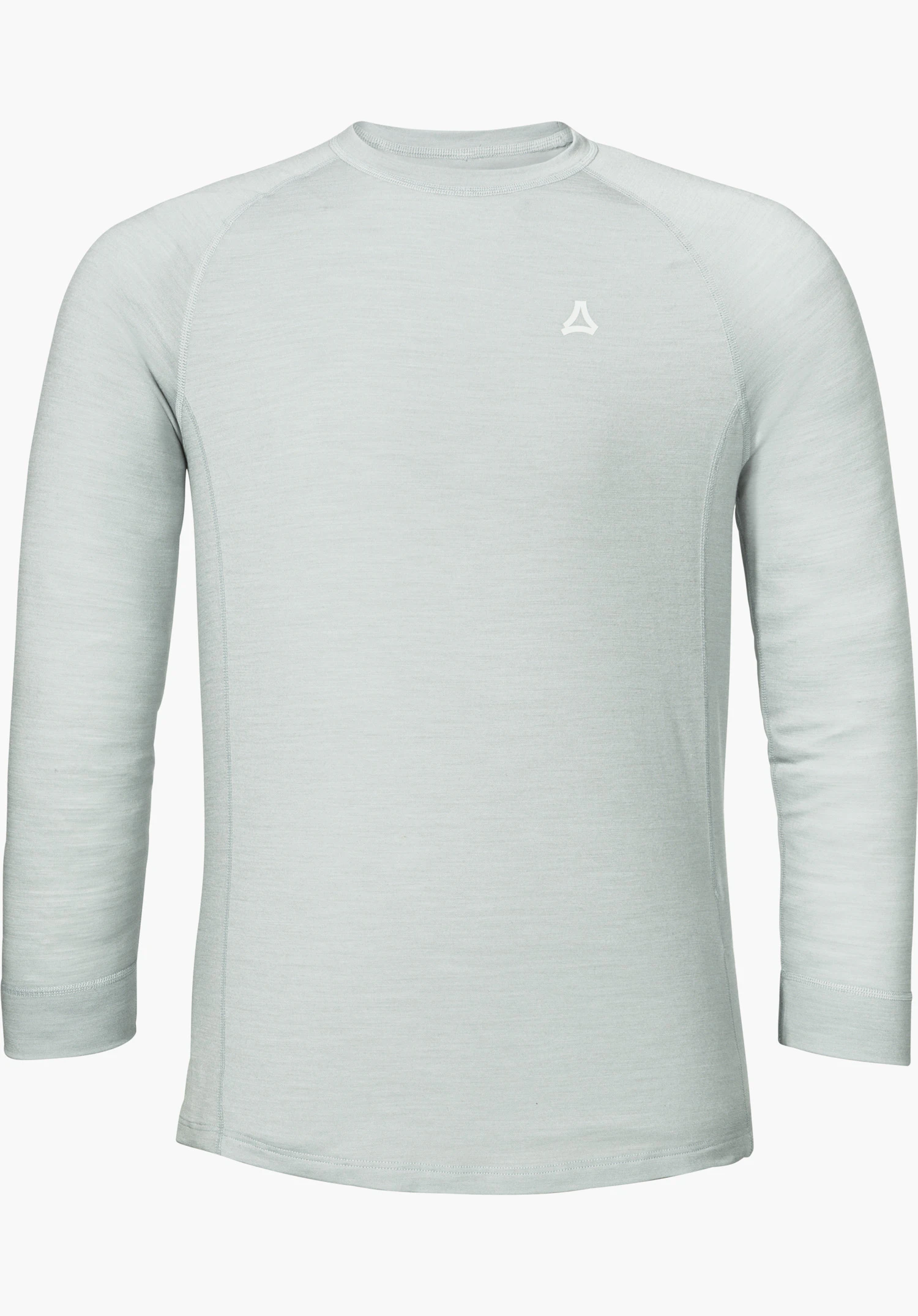 Longsleeve Style Luterra MEN in Grau mit Rundhalsausschnitt und Schöffel-Logo auf der Brust freigestellt vor weißem Hintergrund.