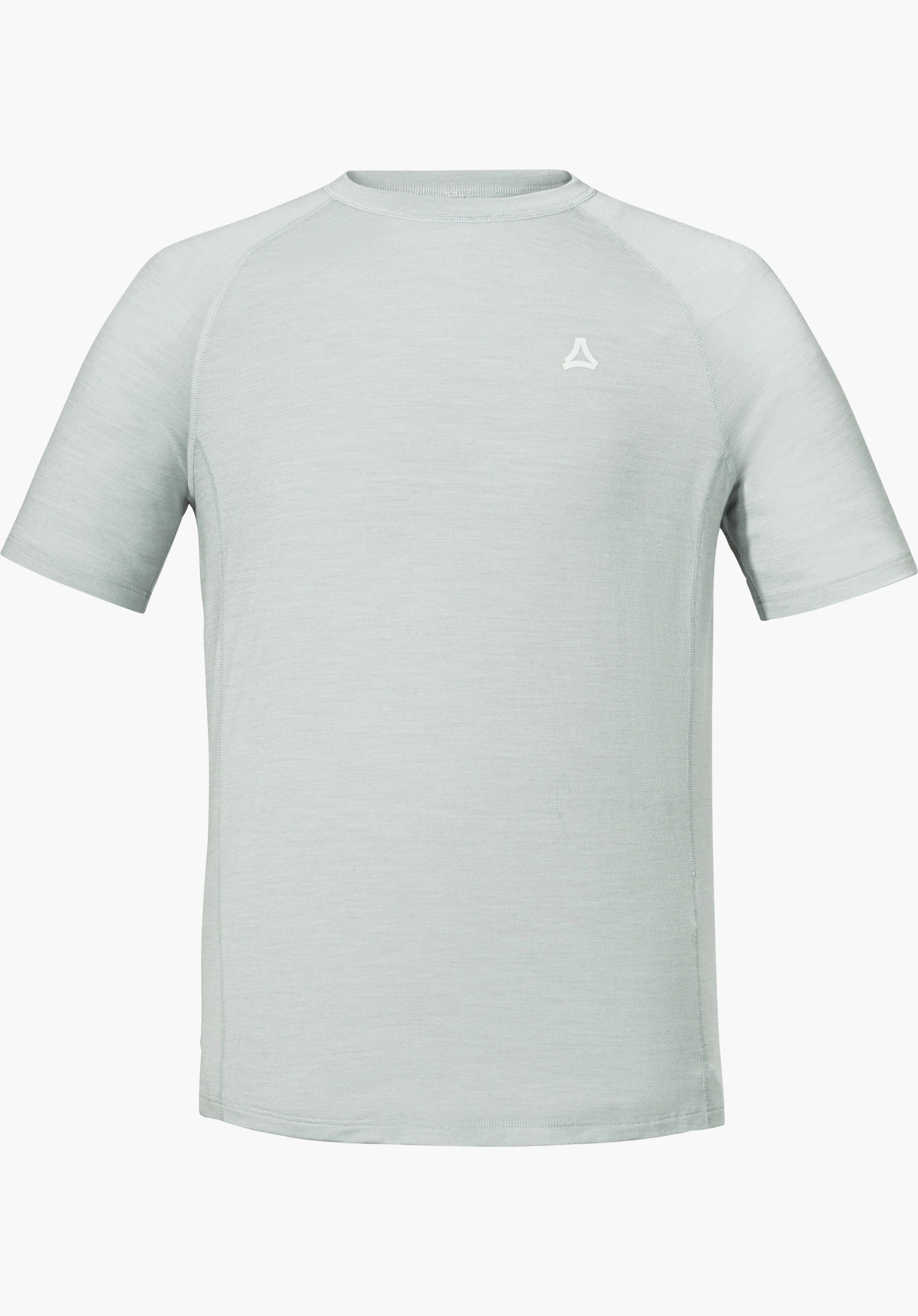 T Shirt Style Luterra MEN in Grau mit Rundhalsausschnitt, kurzen Ärmeln und weißem Schöffel-Logo auf der Brust, freigestellt vor weißem Hintergrund.
