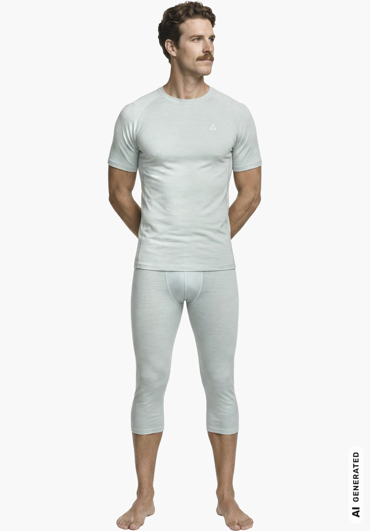 T Shirt Style Luterra MEN in grey with a focus on the subtle Schöffel logo on the chest in a detailed close-up against a white background.