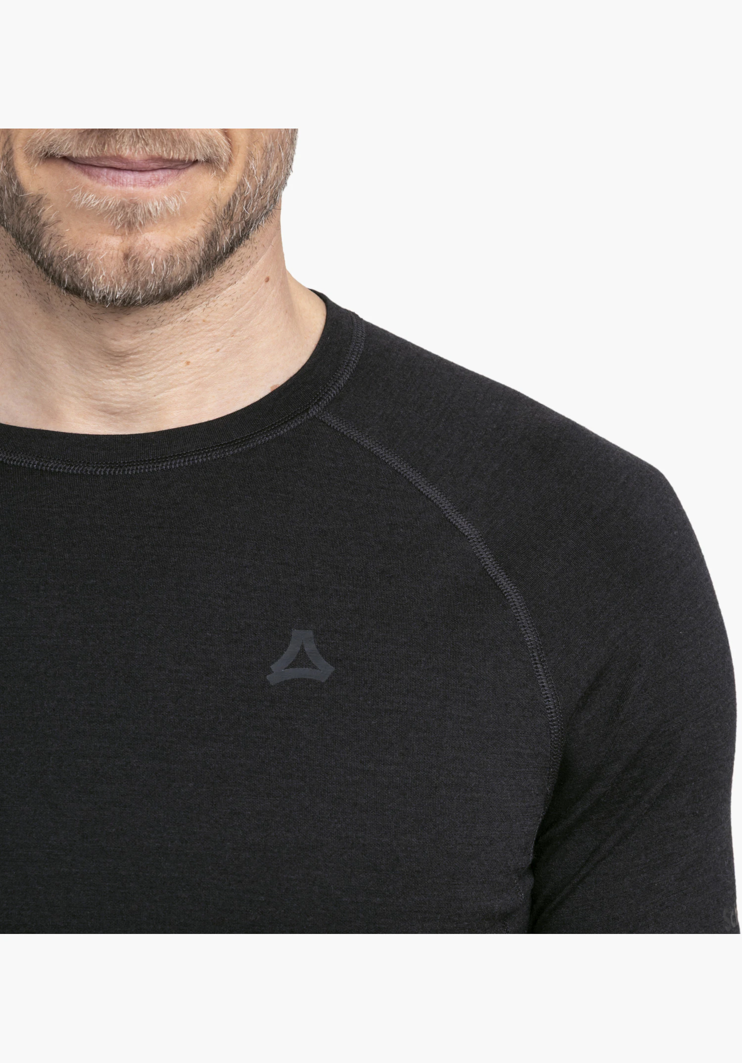T Shirt Style Luterra MEN in black with a focus on the crew neck and the subtle Schöffel logo on the chest in a close-up shot against a white background.