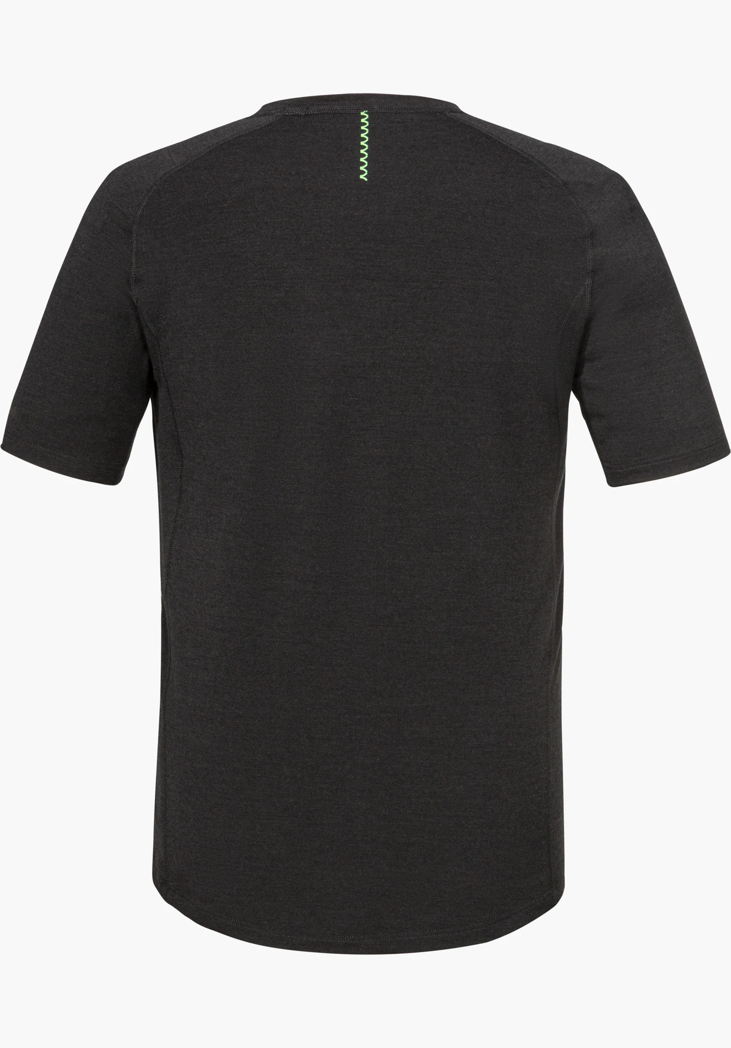 T Shirt Style Luterra MEN in black, shown from the back with decorative green stitching at the collar, isolated on a white background.