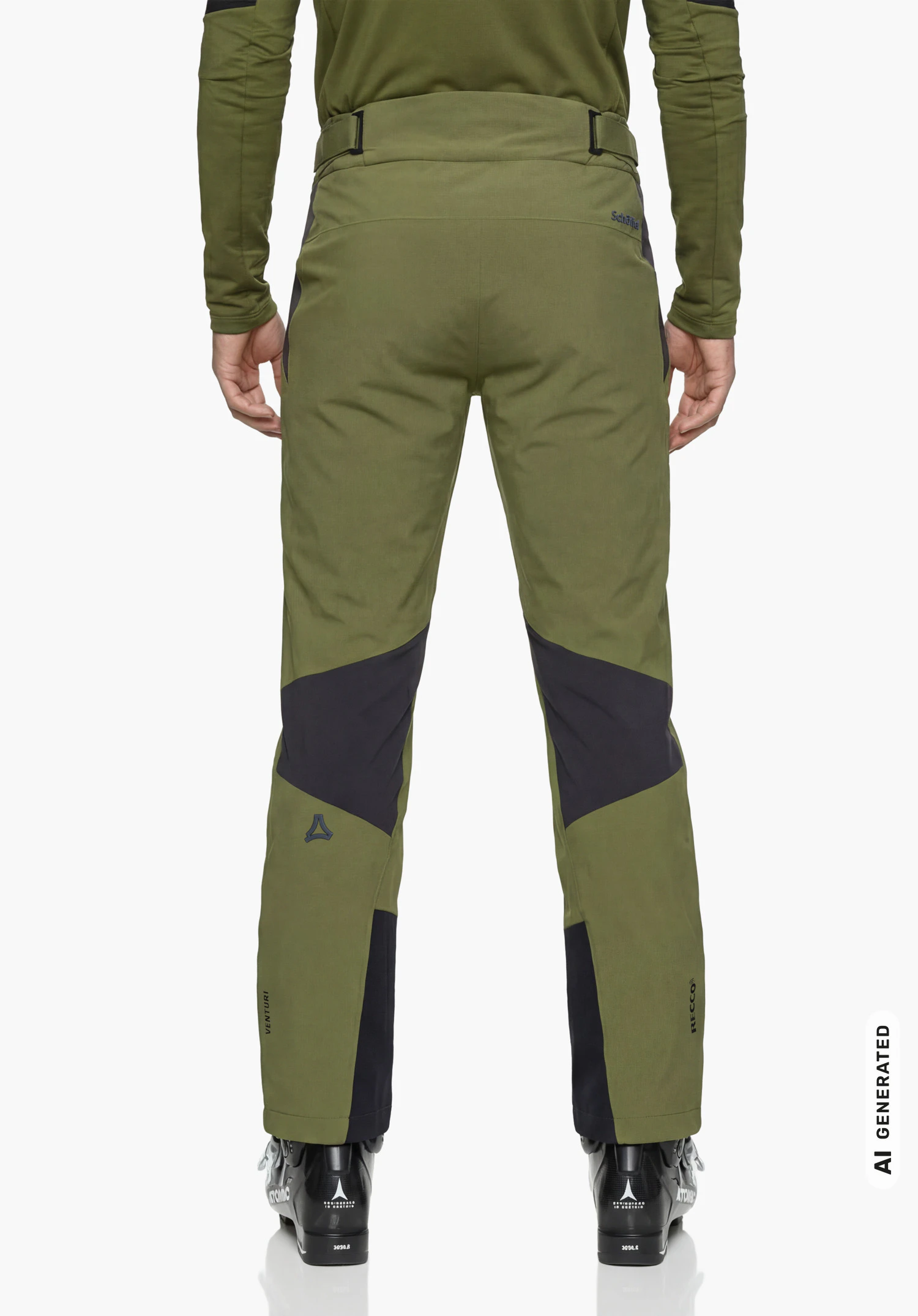 Pants Style Levivo MEN in green with visible Schöffel lettering and Schöffel logo, worn by a male model standing upright and shown from the back with arms hanging down against a white background. (AI-generated)