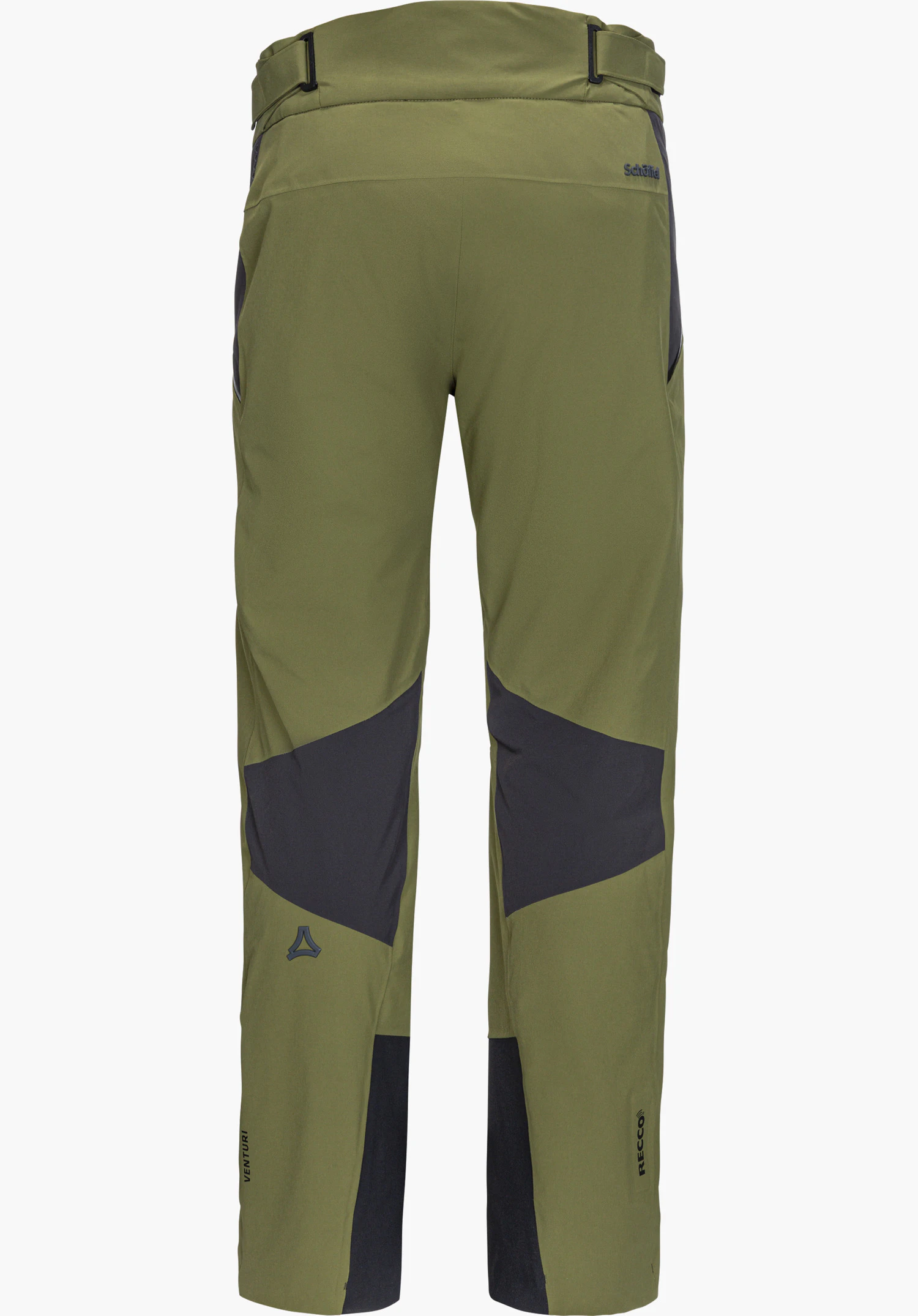 Pants Style Levivo MEN ski trousers in green, shown from the back with an elastic waistband and Schöffel lettering, isolated on a white background.