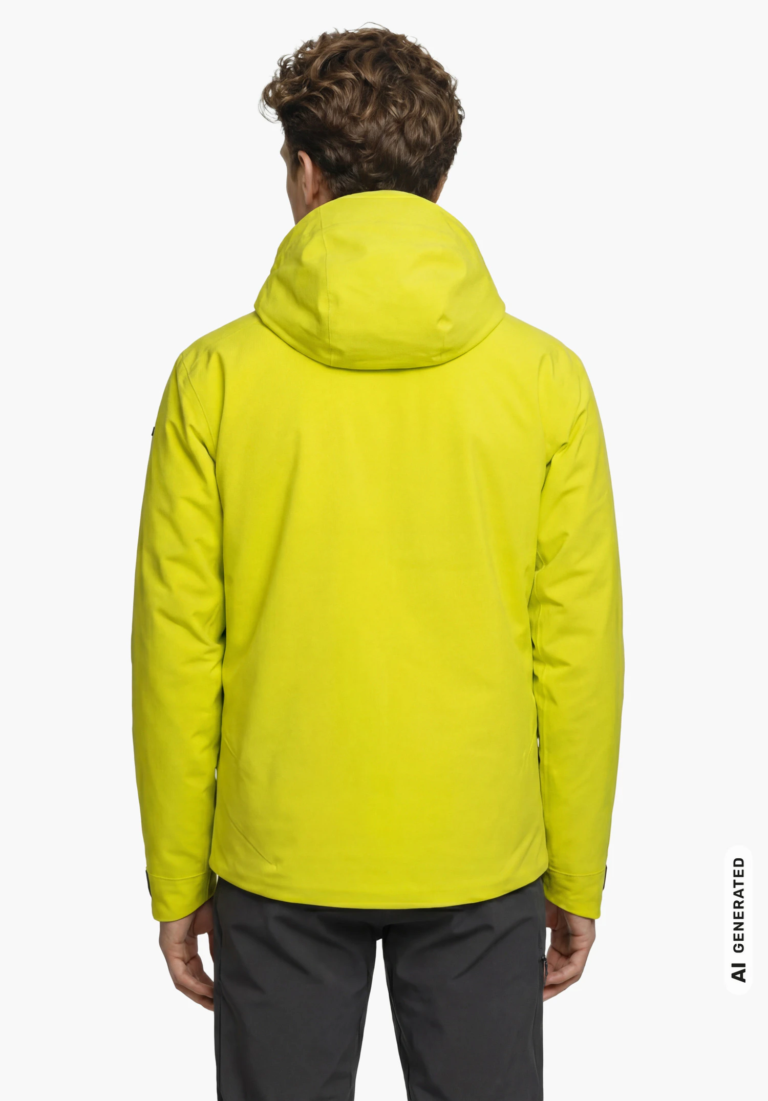 Jacket Style Pontre MEN in yellow with hood, worn by a male model standing upright and shown from the back with arms hanging down against a white background. (AI-generated)