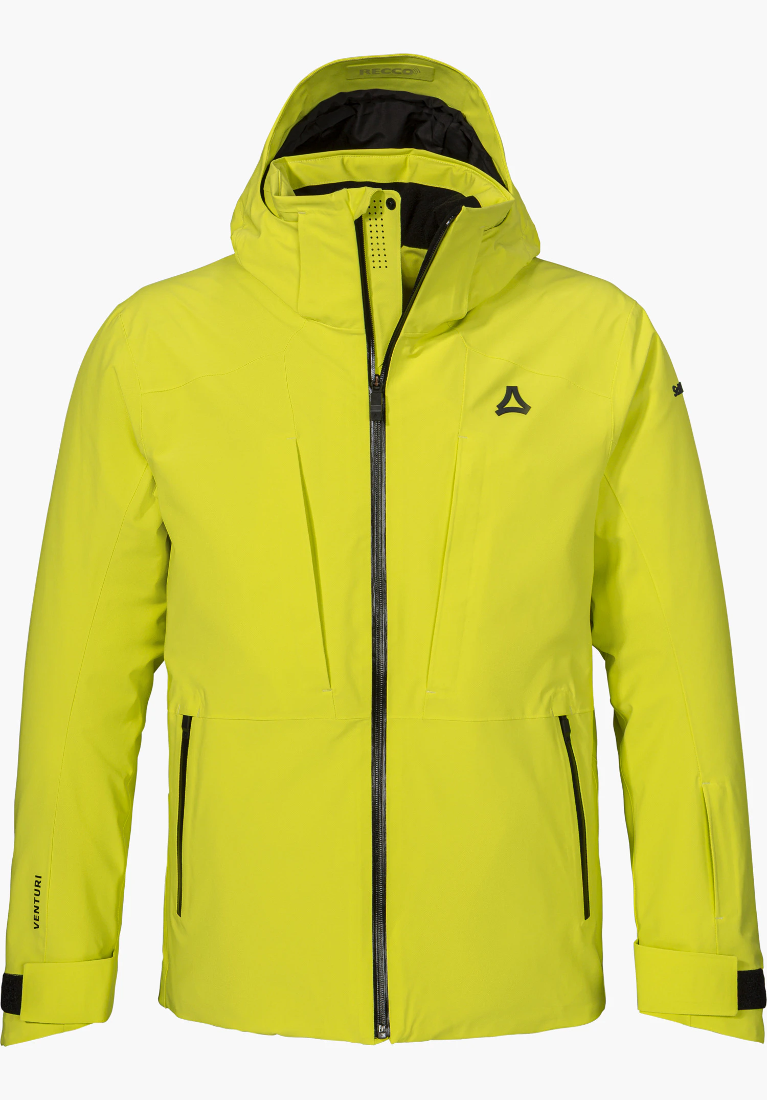 Jacket Style Pontre MEN hybrid insulator in yellow with a hood, black front zipper and visible Schöffel logo, shown from the front and isolated on a white background.